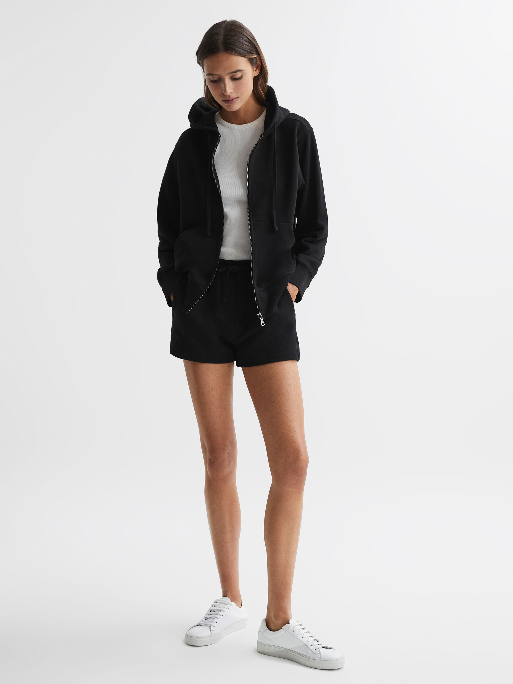 Zip Through Cotton Hoodie in Black - Image 1 of 4 Zip Through Cotton Hoodie in Black - Image 1 of 4
