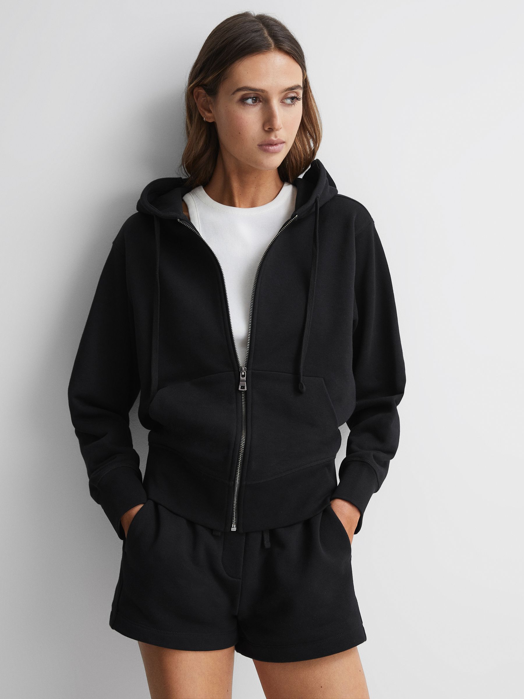 Reiss Zip Through Cotton Hoodie in Black - REISS