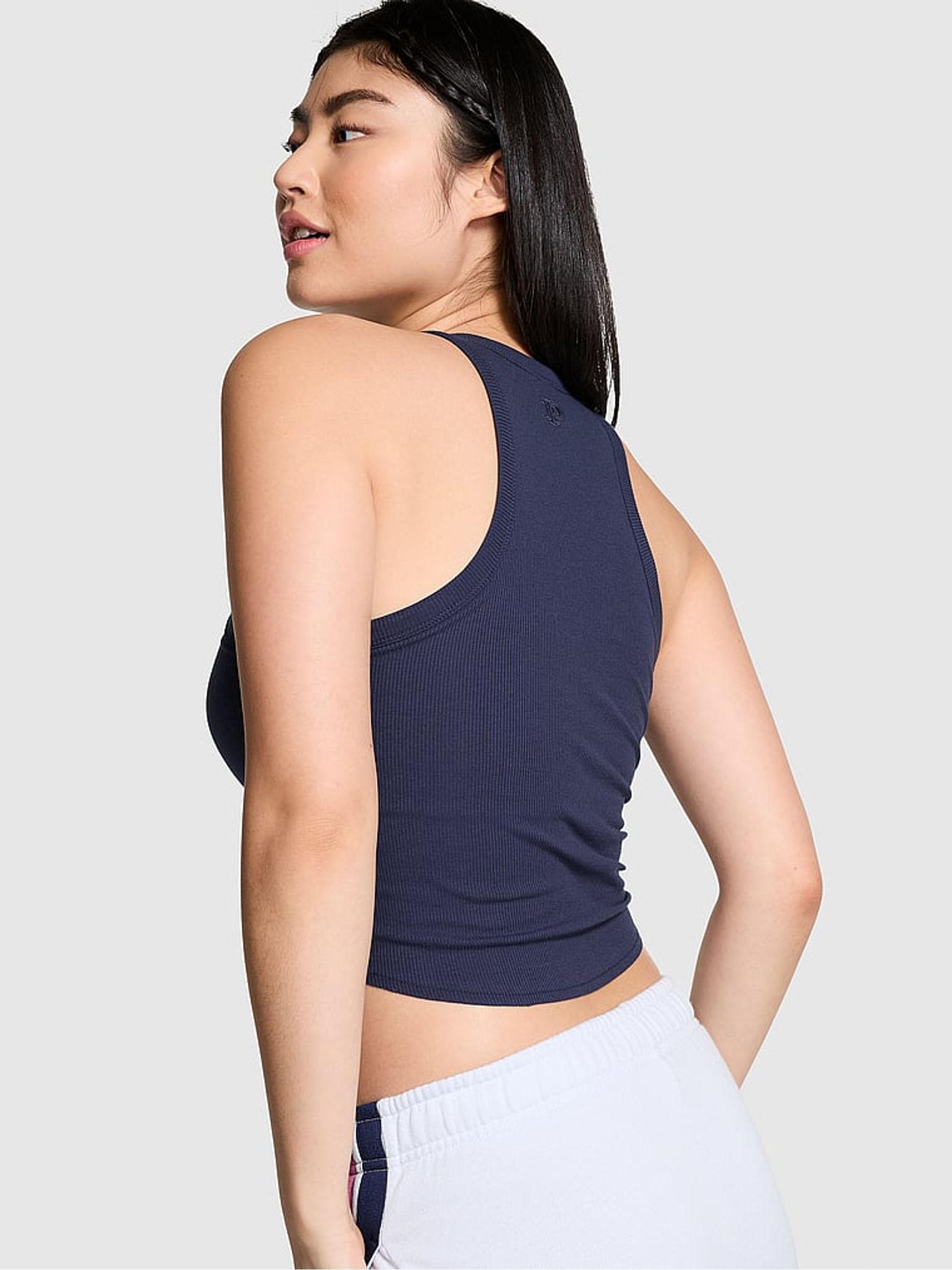 Midnight Navy Blue High Neck Shrunken Rib Tank Top - Image 2 of 4