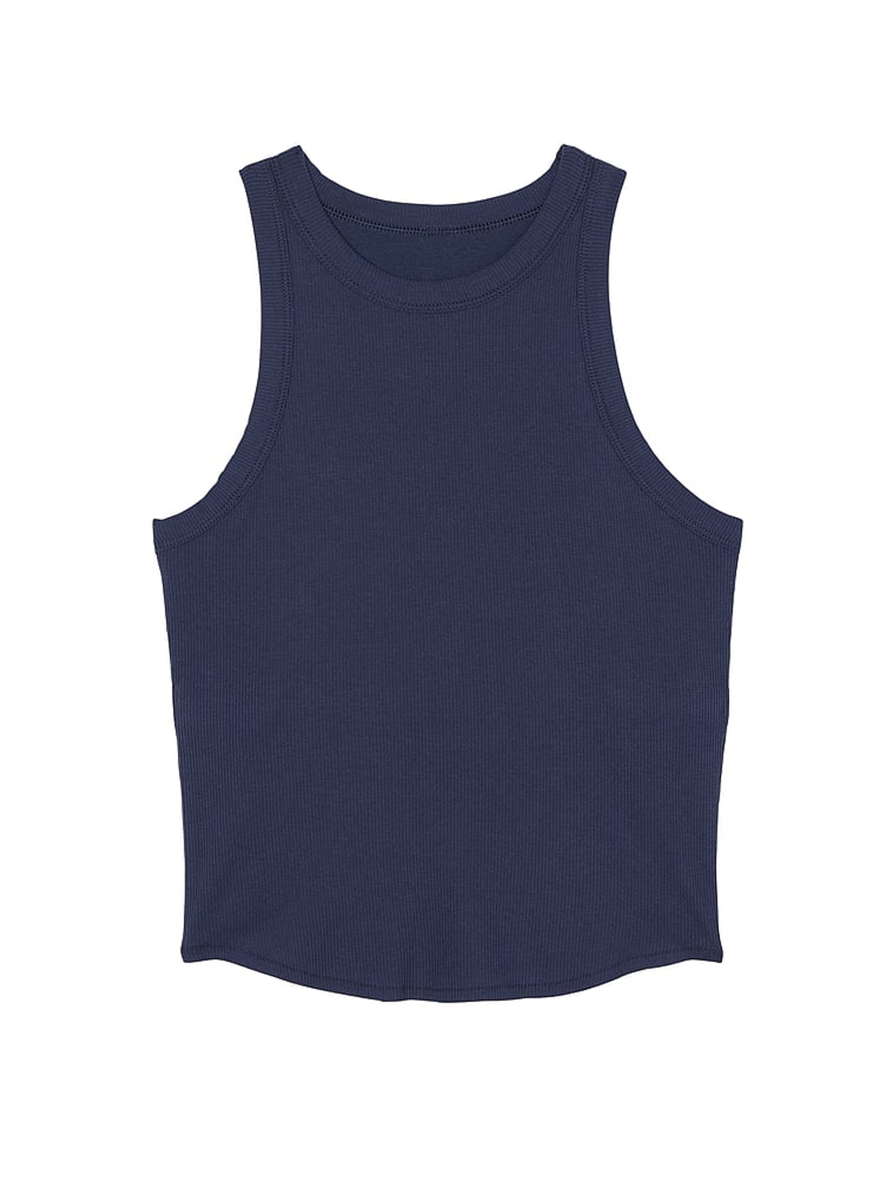 Midnight Navy Blue High Neck Shrunken Rib Tank Top - Image 4 of 4