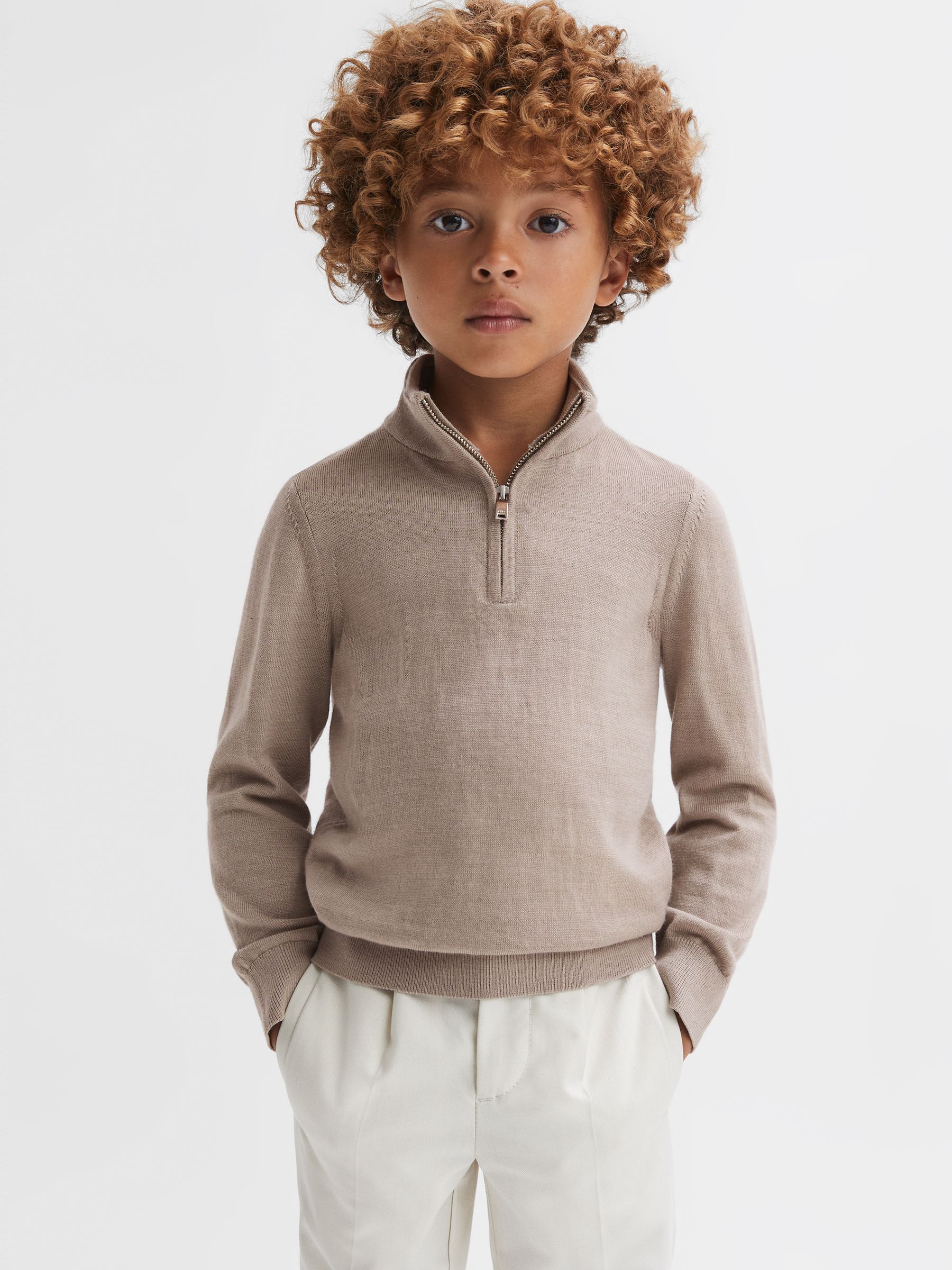 Junior Merino Wool Zip-Neck Jumper in Mink - Image 1 of 6