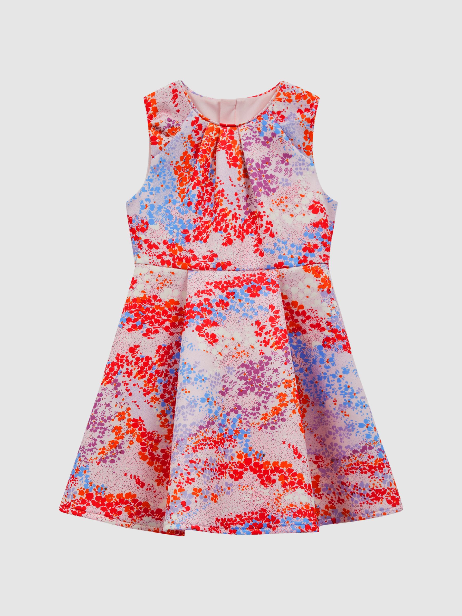 Junior Floral Print Pleated Scuba Dress in Pink Print - Image 2 of 6