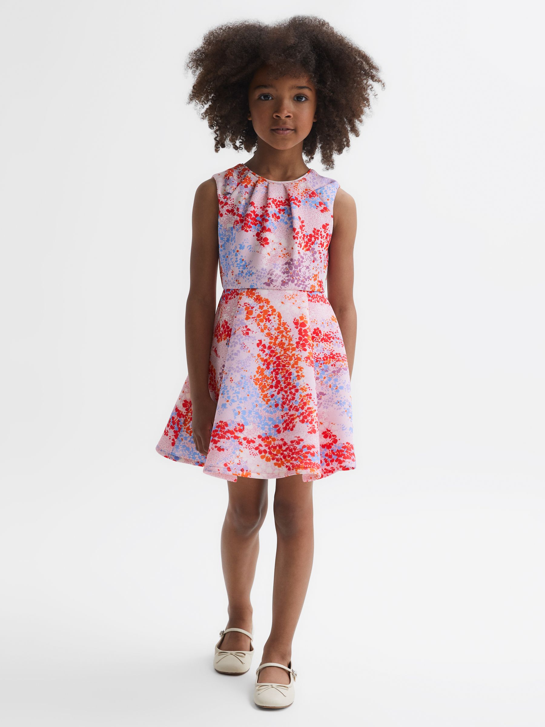 Junior Floral Print Pleated Scuba Dress in Pink Print - Image 3 of 6