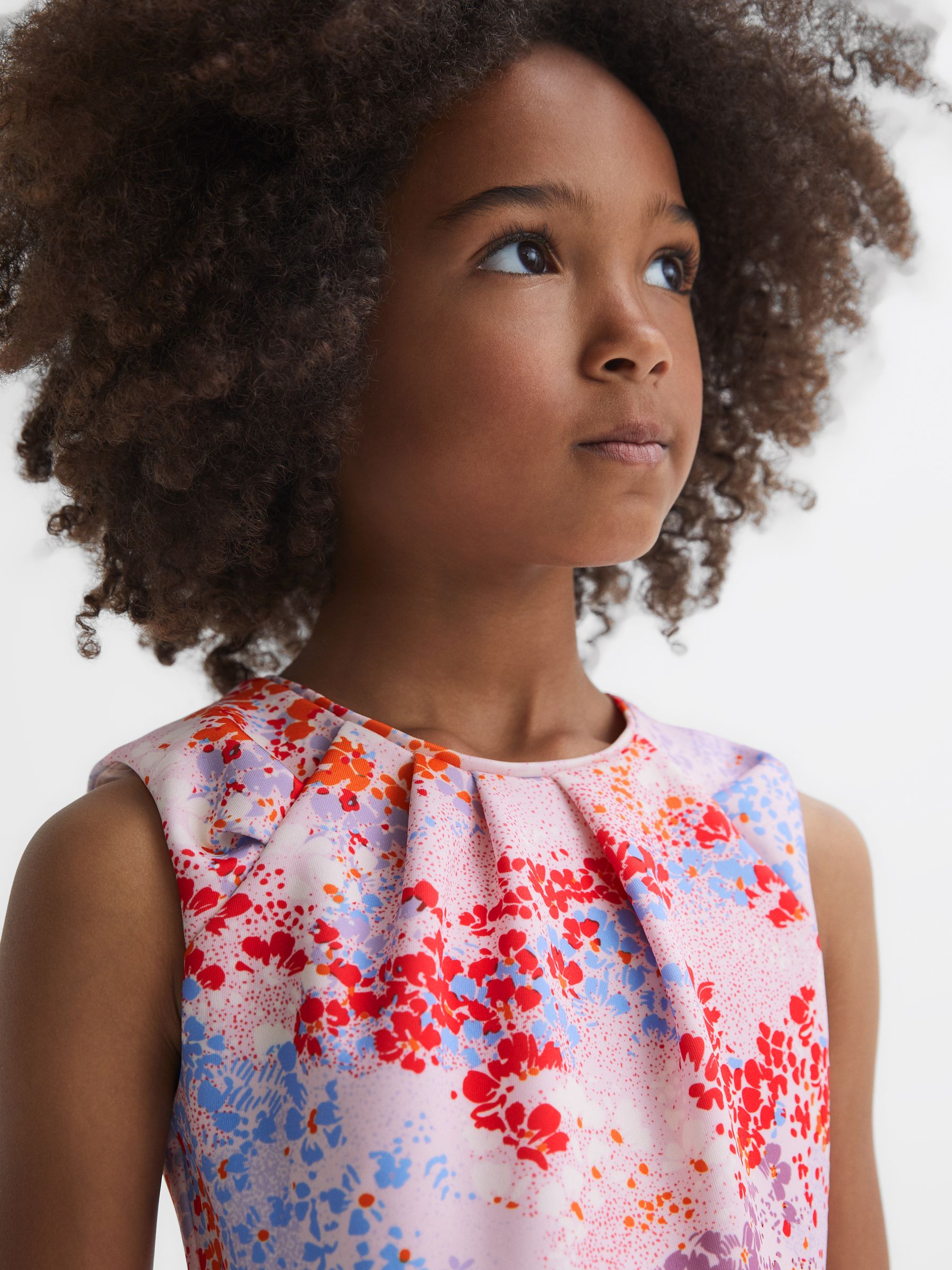 Junior Floral Print Pleated Scuba Dress in Pink Print - Image 4 of 6