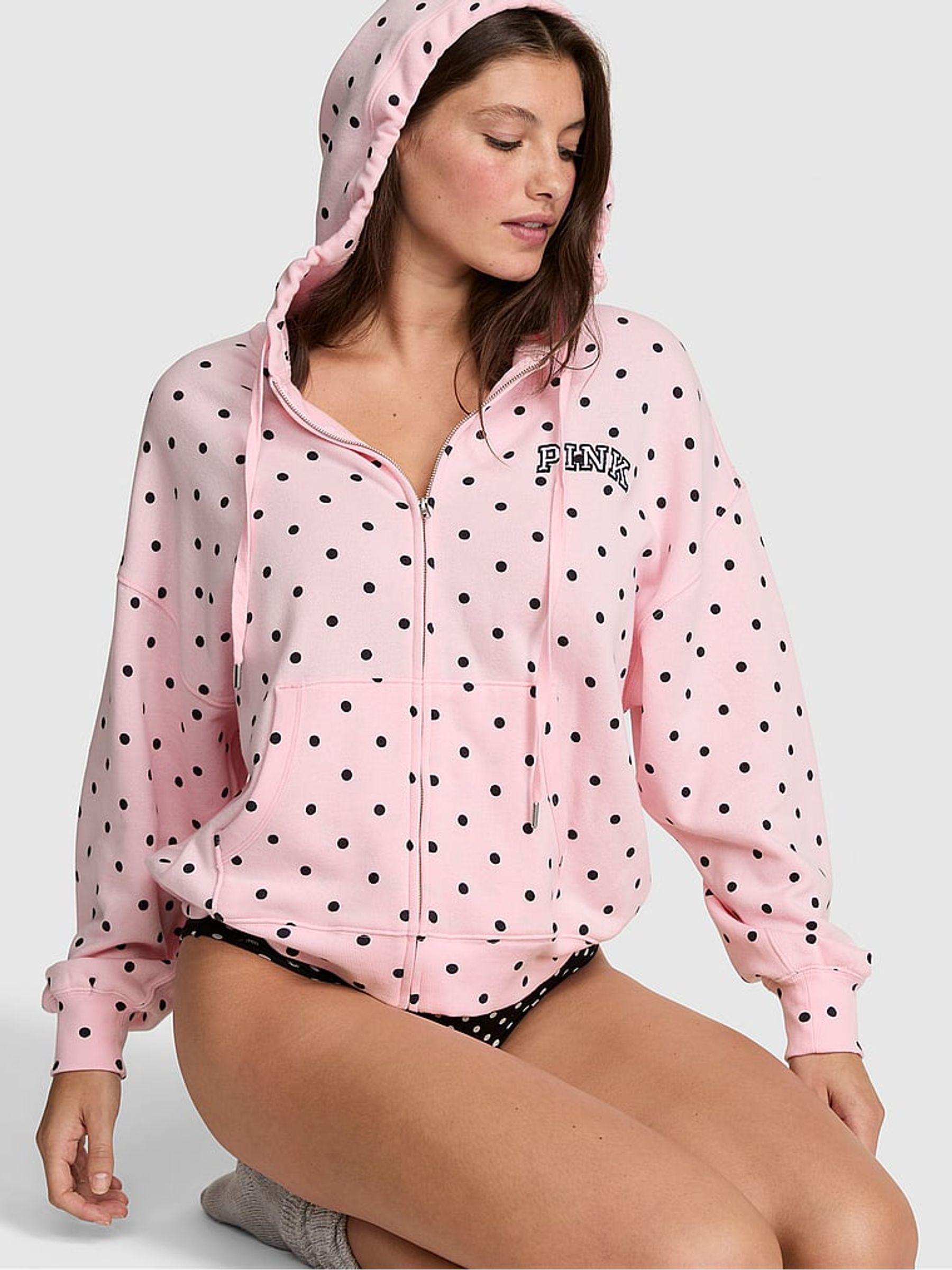 Pink Polka Dot Print Fleece Zip Up Hoodie - Image 3 of 3