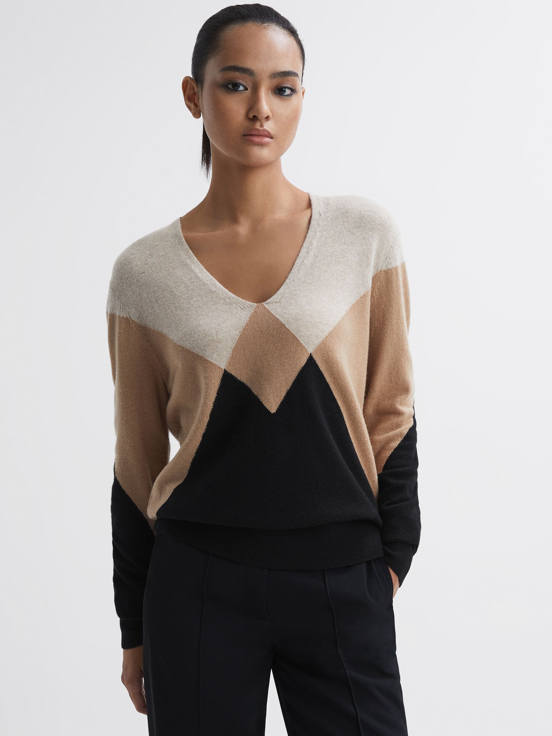 Wool Blend Argyle Jumper in Camel/Black - Image 1 of 4 Wool Blend Argyle Jumper in Camel/Black - Image 1 of 4