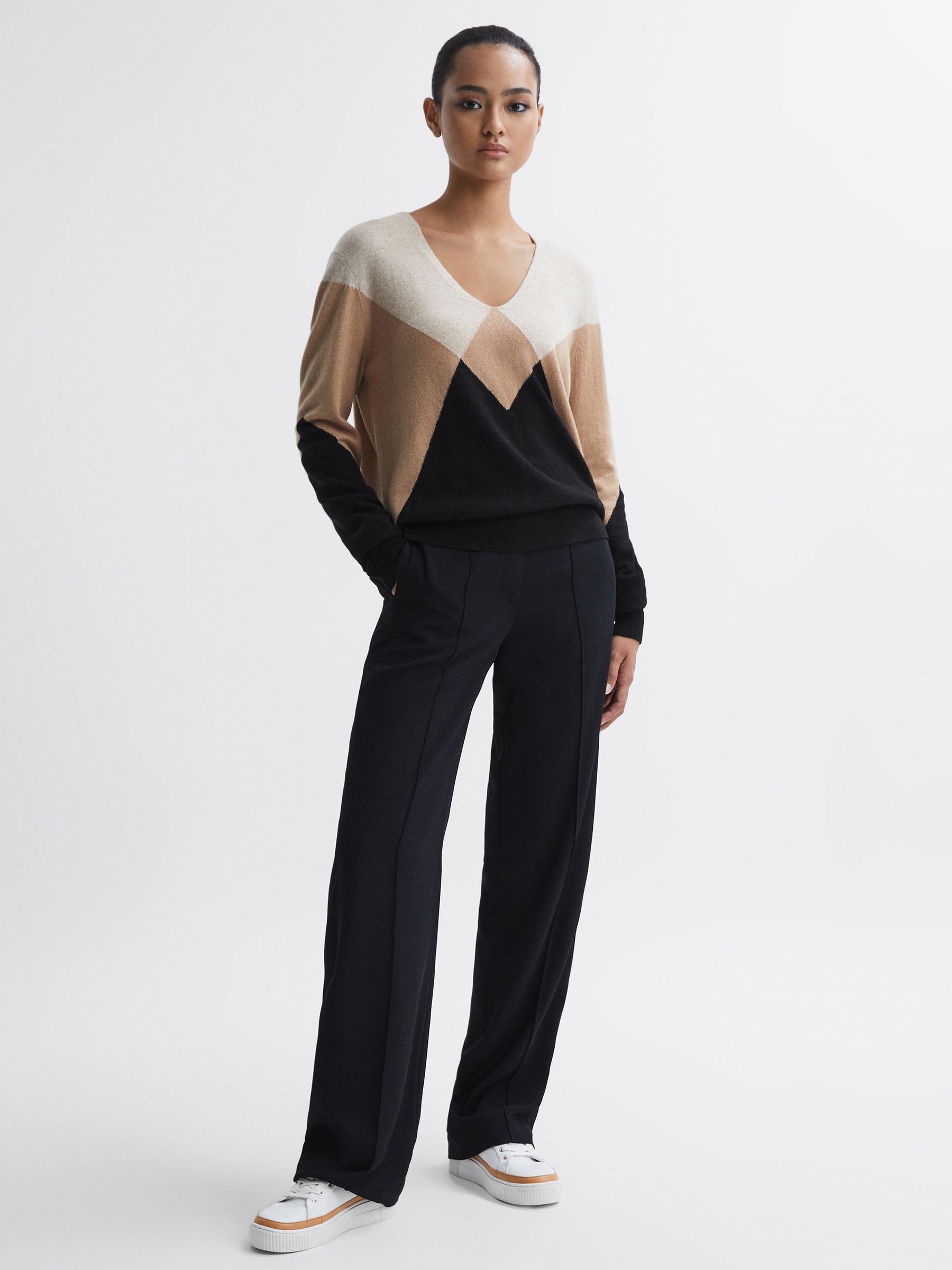 Wool Blend Argyle Jumper in Camel/Black - Image 3 of 4