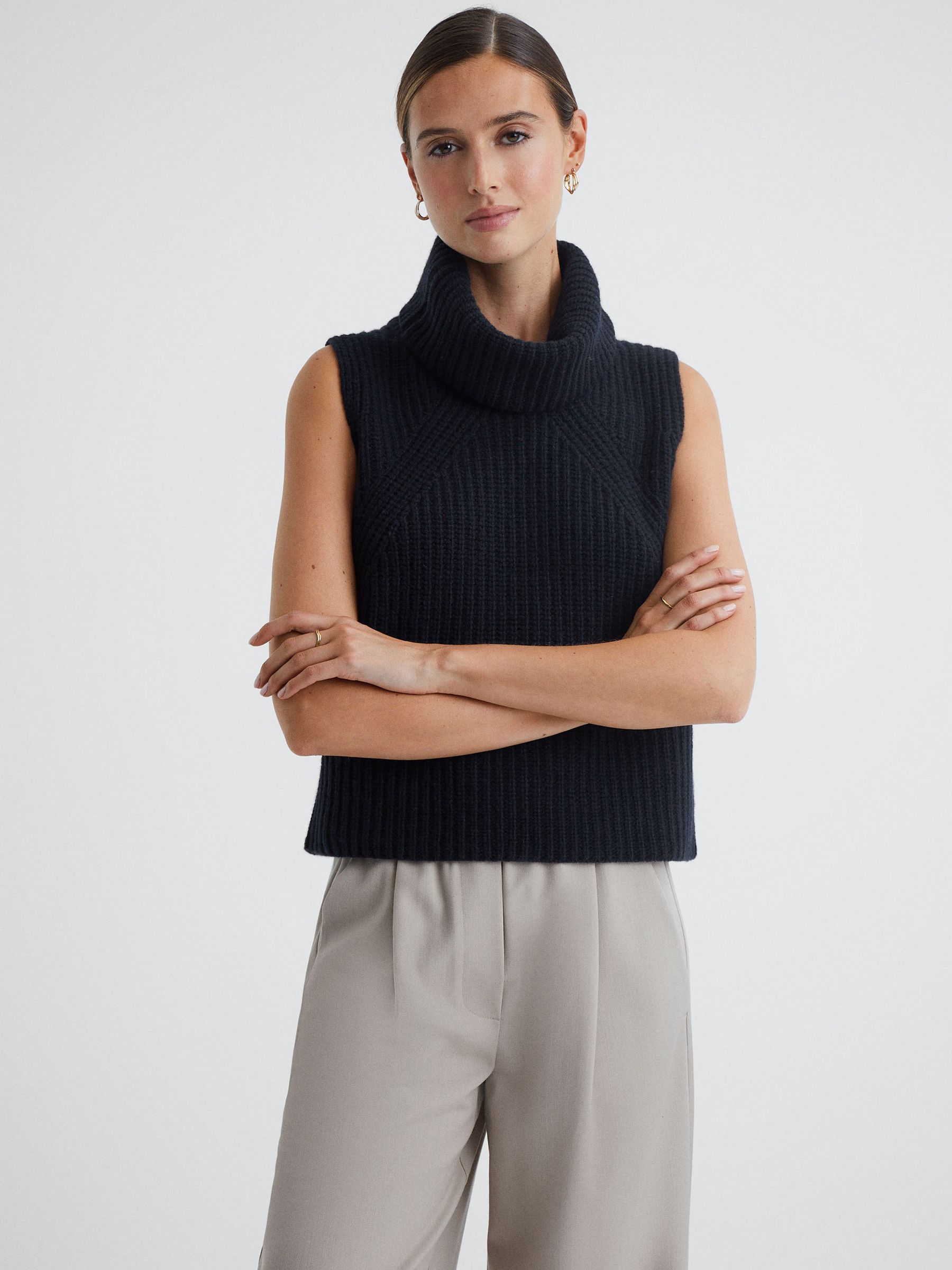 Wool-Cashmere Sleeveless Removable Roll Neck Vest in Navy - Image 1 of 6