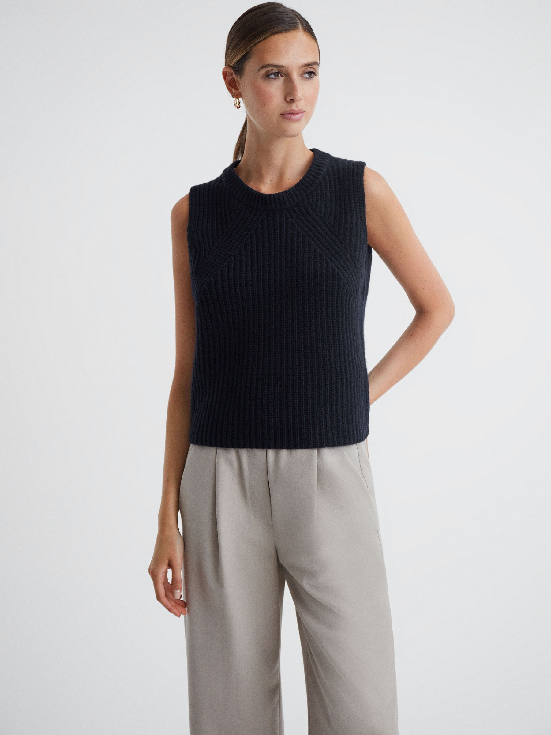 Wool-Cashmere Sleeveless Removable Roll Neck Vest in Navy - Image 4 of 6