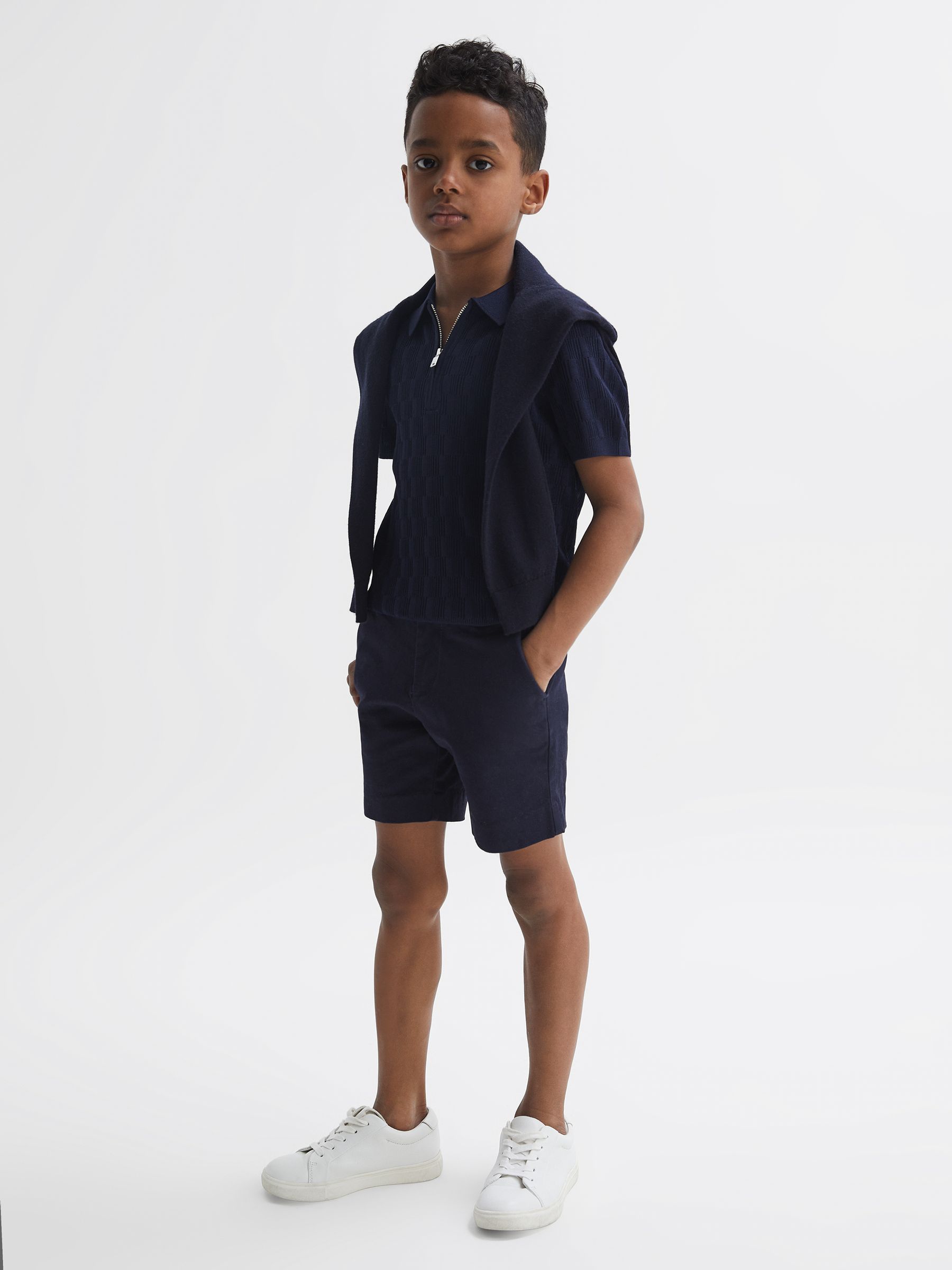 Senior Half-Zip Textured Polo T-Shirt in Navy - Image 1 of 6