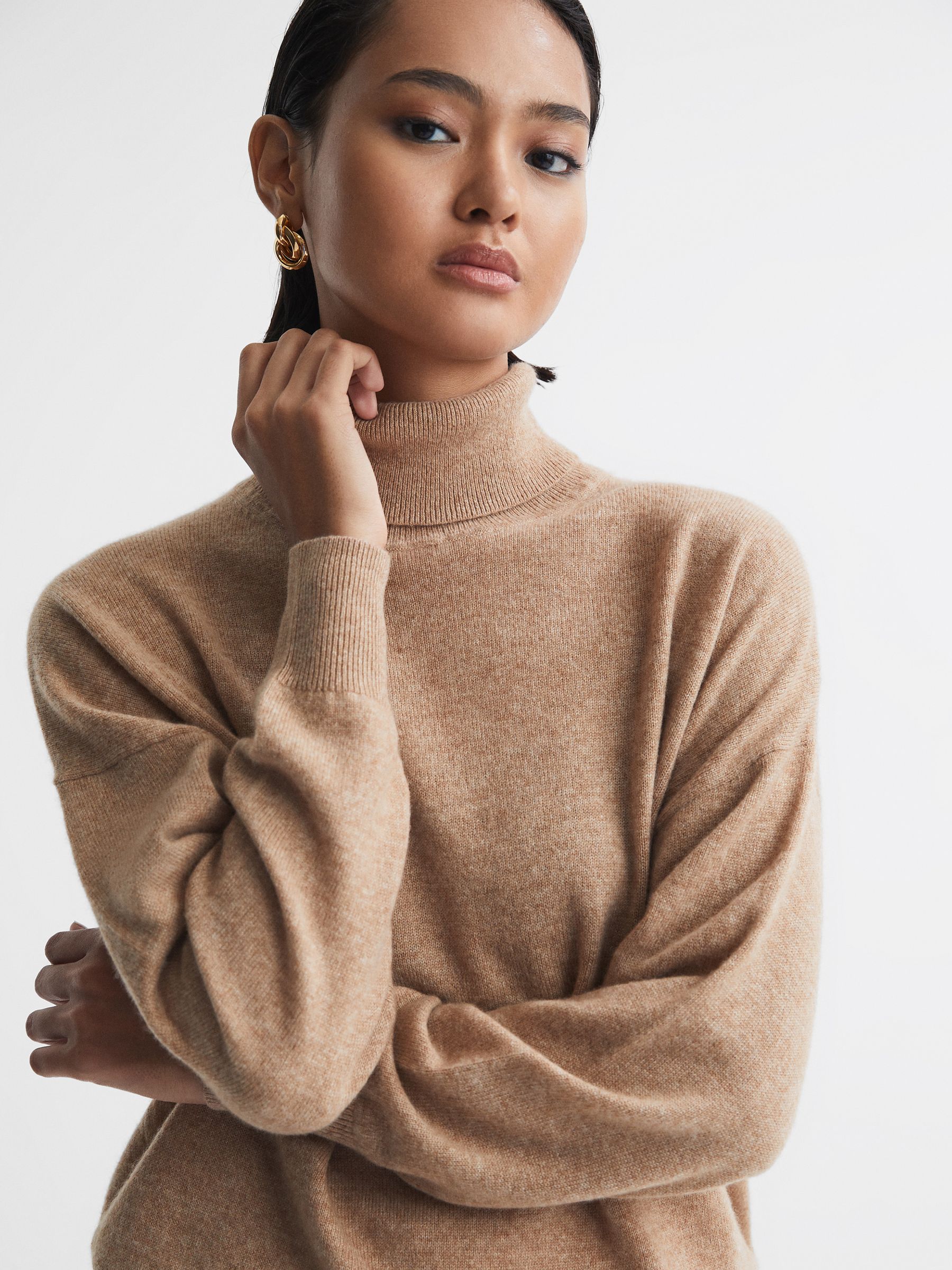 Fitted Cashmere Roll Neck Top in Camel - Image 1 of 5