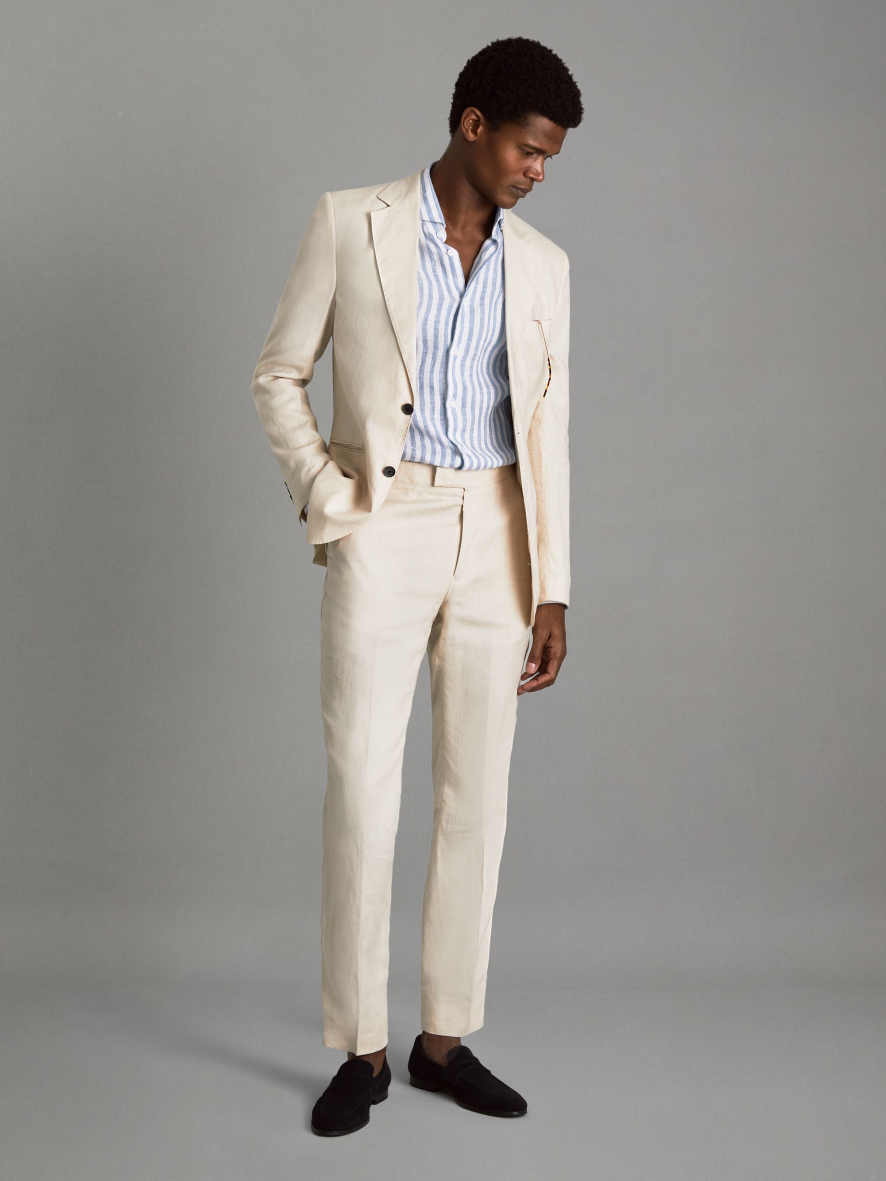 Linen Button-Through Shirt in Soft Blue Herringbone - Image 3 of 6