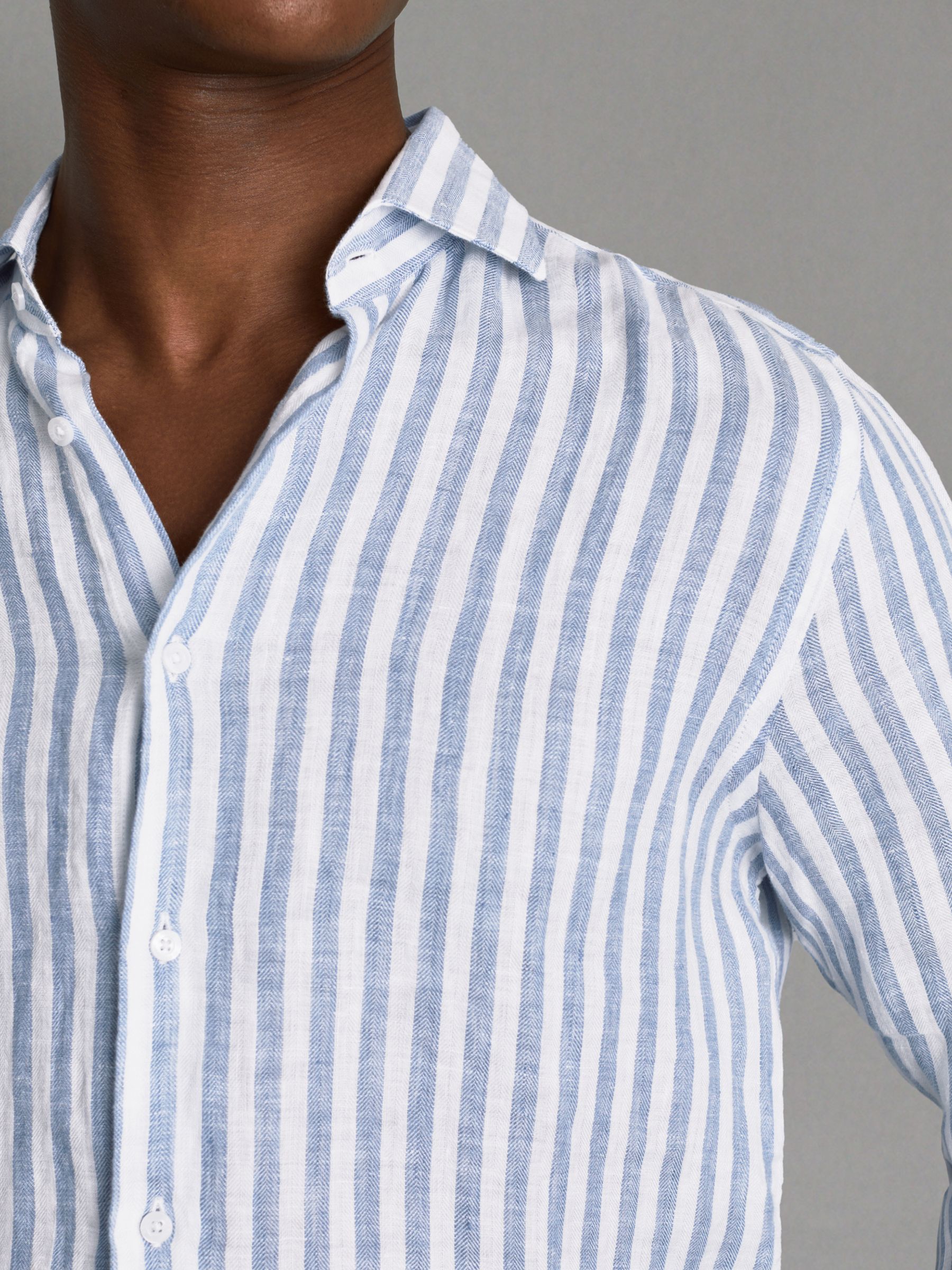 Linen Button-Through Shirt in Soft Blue Herringbone - Image 4 of 6
