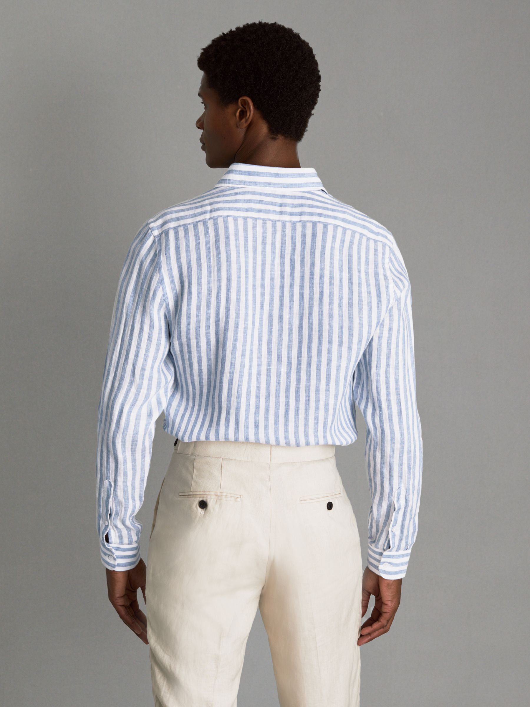 Linen Button-Through Shirt in Soft Blue Herringbone - Image 5 of 6