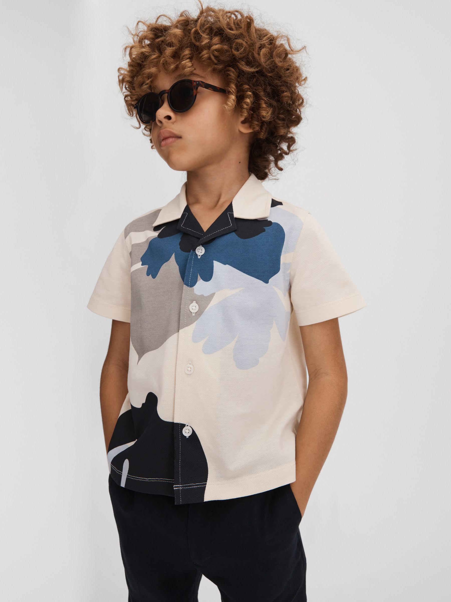 9-13 yrs Mercerised Cotton Cuban Collar Shirt in Grey/Blue Multi - Image 1 of 4 9-13 yrs Mercerised Cotton Cuban Collar Shirt in Grey/Blue Multi - Image 1 of 4