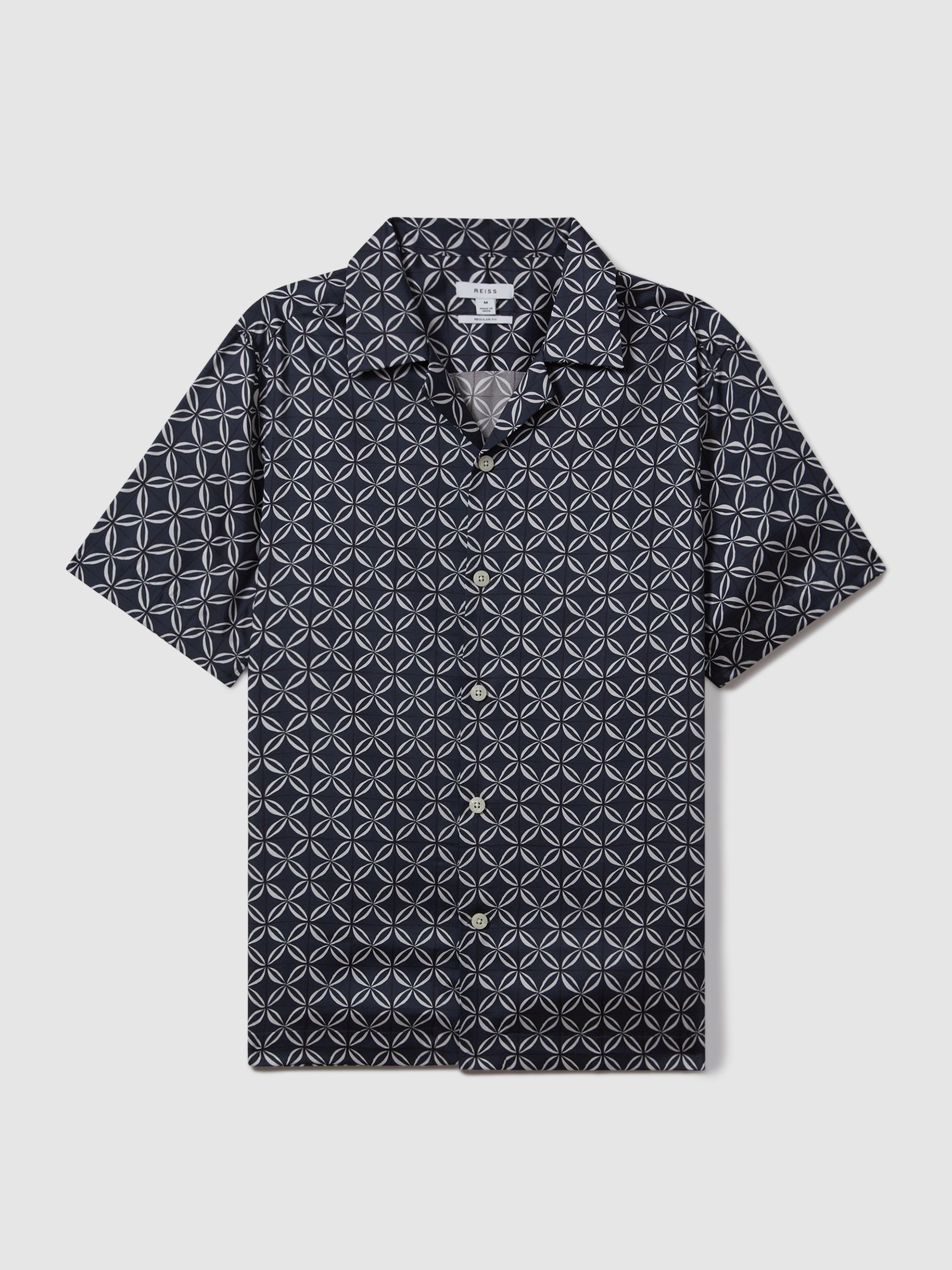 Printed Cuban Collar Shirt in Navy/White - Image 2 of 5