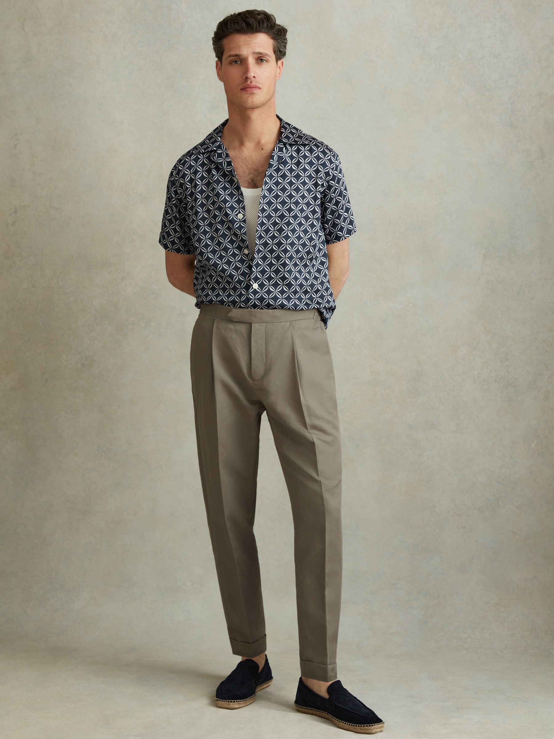 Printed Cuban Collar Shirt in Navy/White - Image 3 of 5