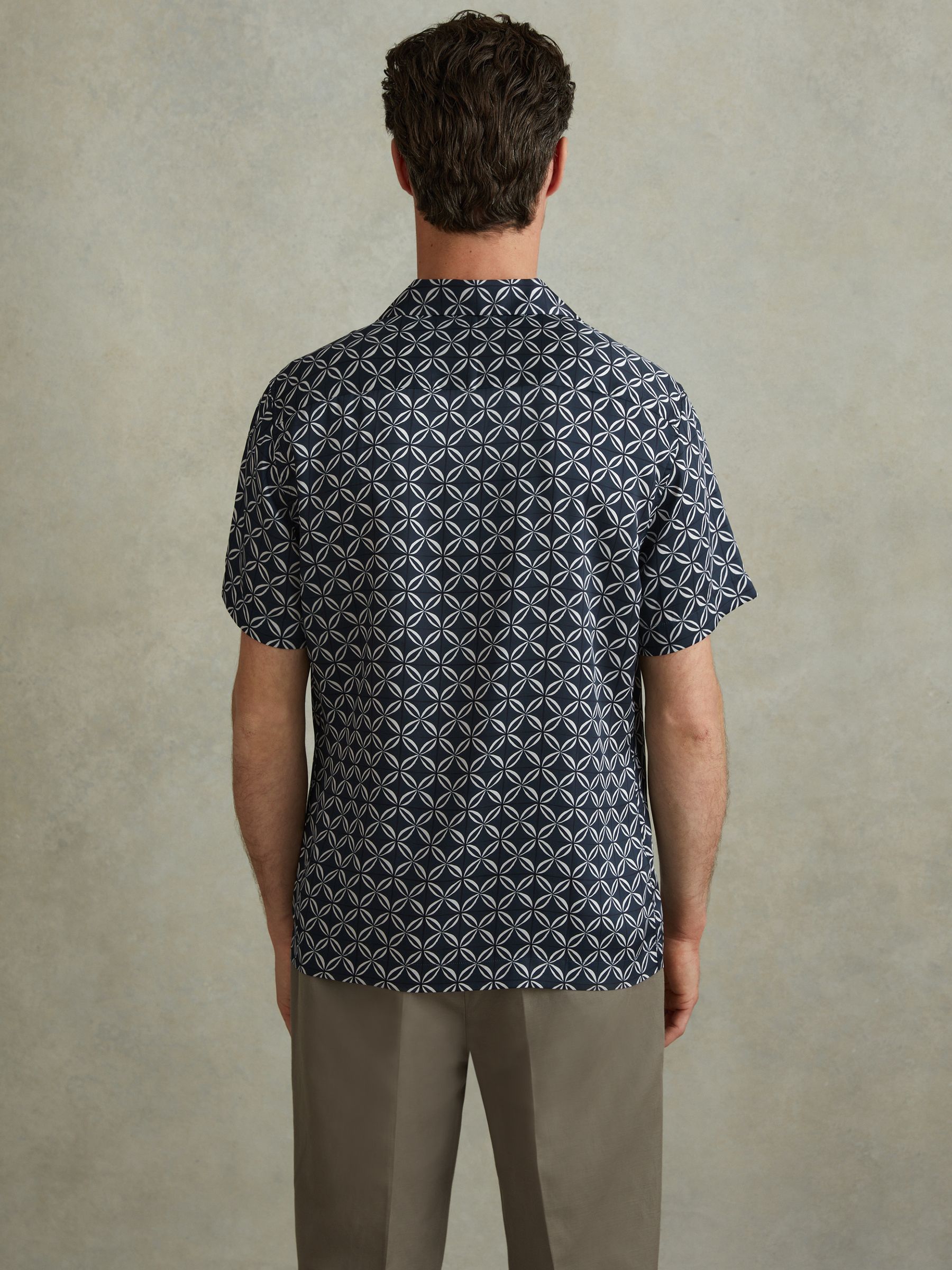 Printed Cuban Collar Shirt in Navy/White - Image 4 of 5