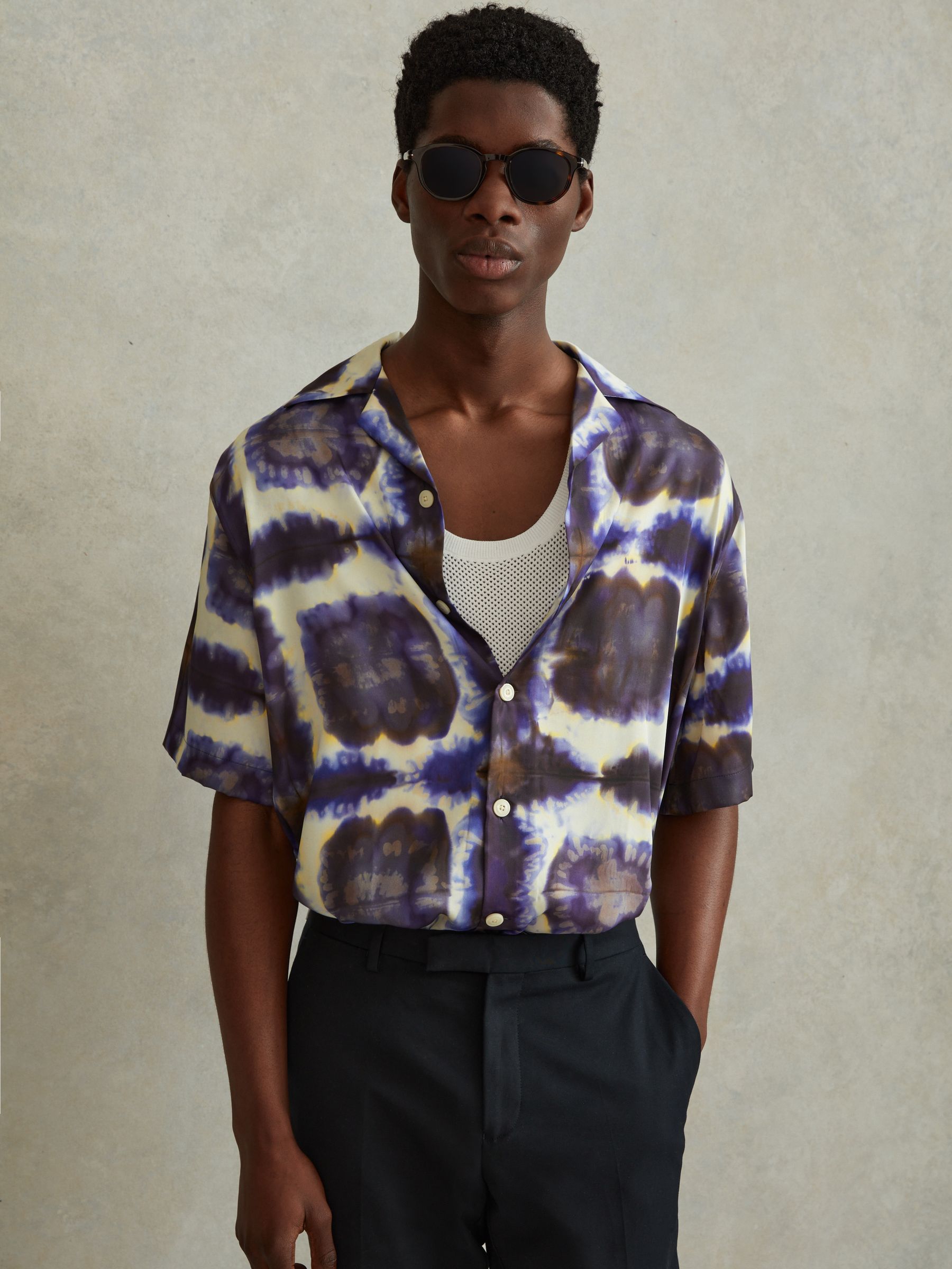 Relaxed Tie Dye Cuban Collar Shirt in Purple Multi - Image 1 of 6