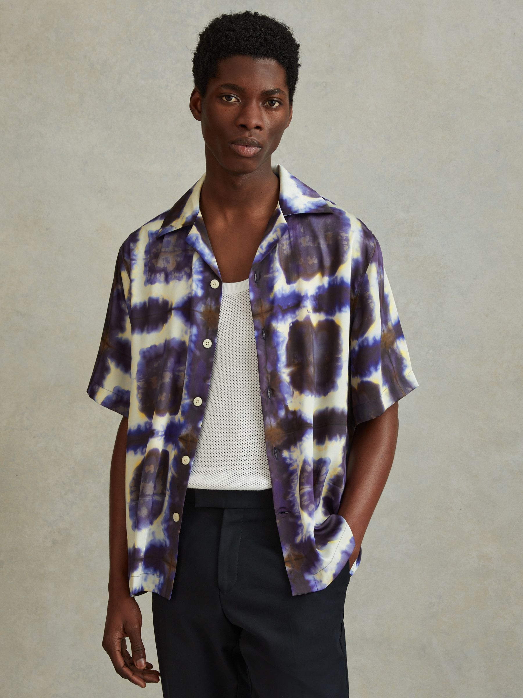 Relaxed Tie Dye Cuban Collar Shirt in Purple Multi - Image 4 of 6