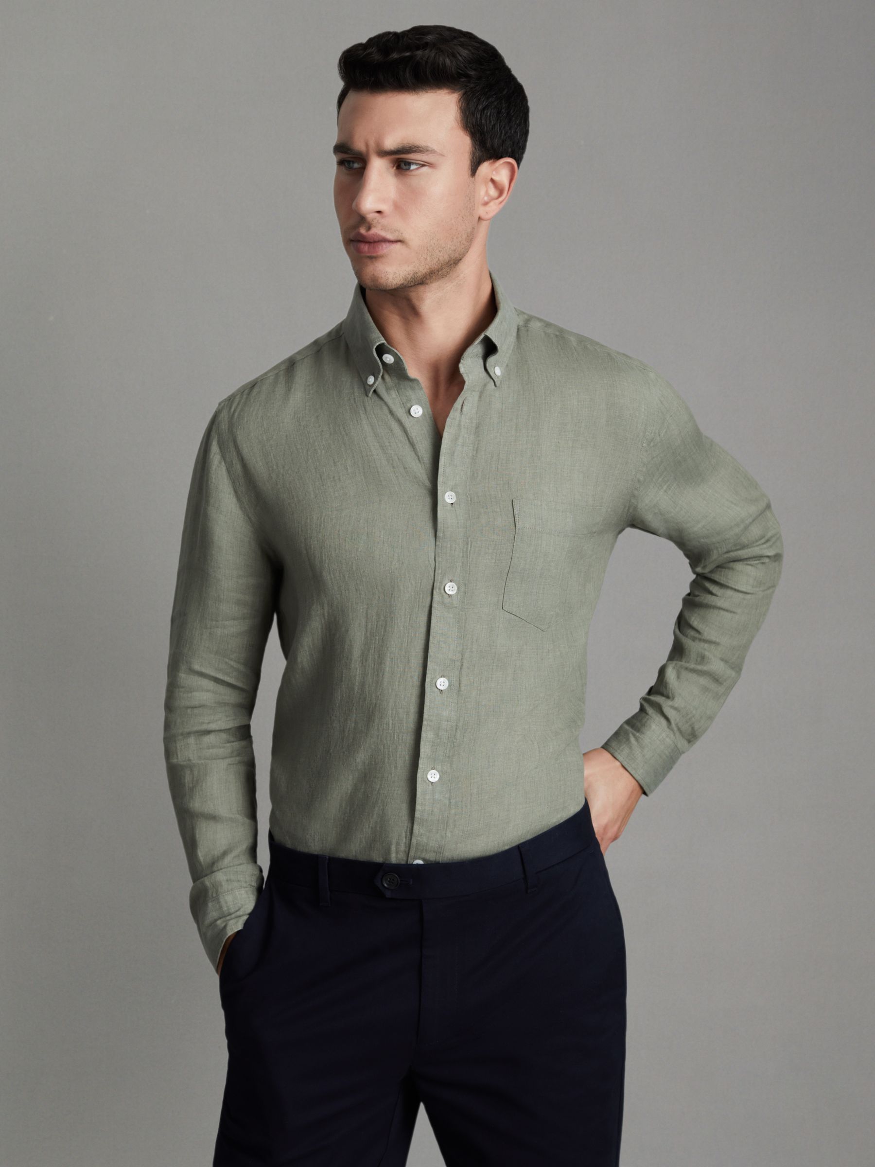 Linen Button-Down Collar Shirt in Pistachio - Image 1 of 6