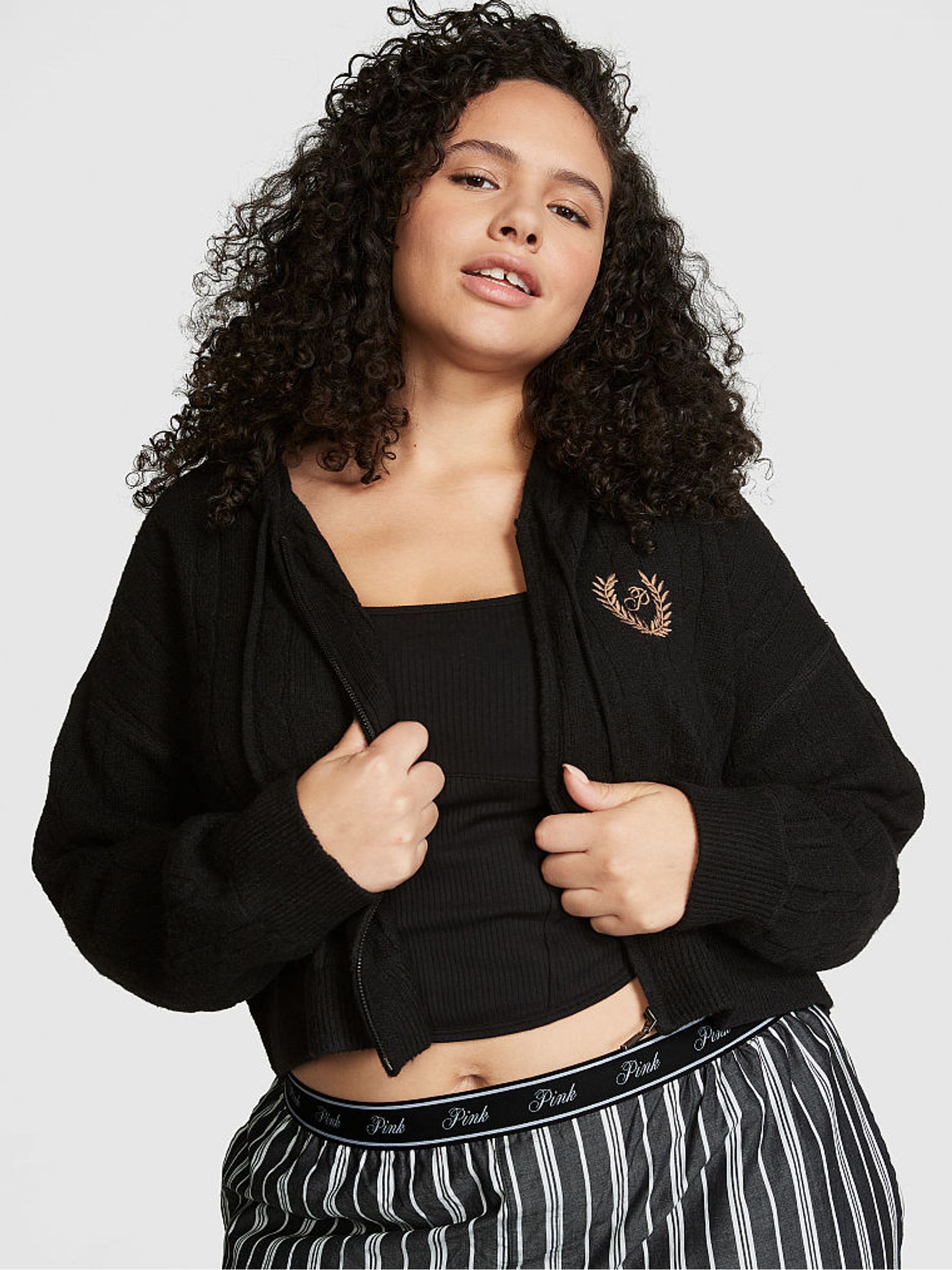Pure Black Full Zip Cable Knit Hoodie - Image 1 of 3