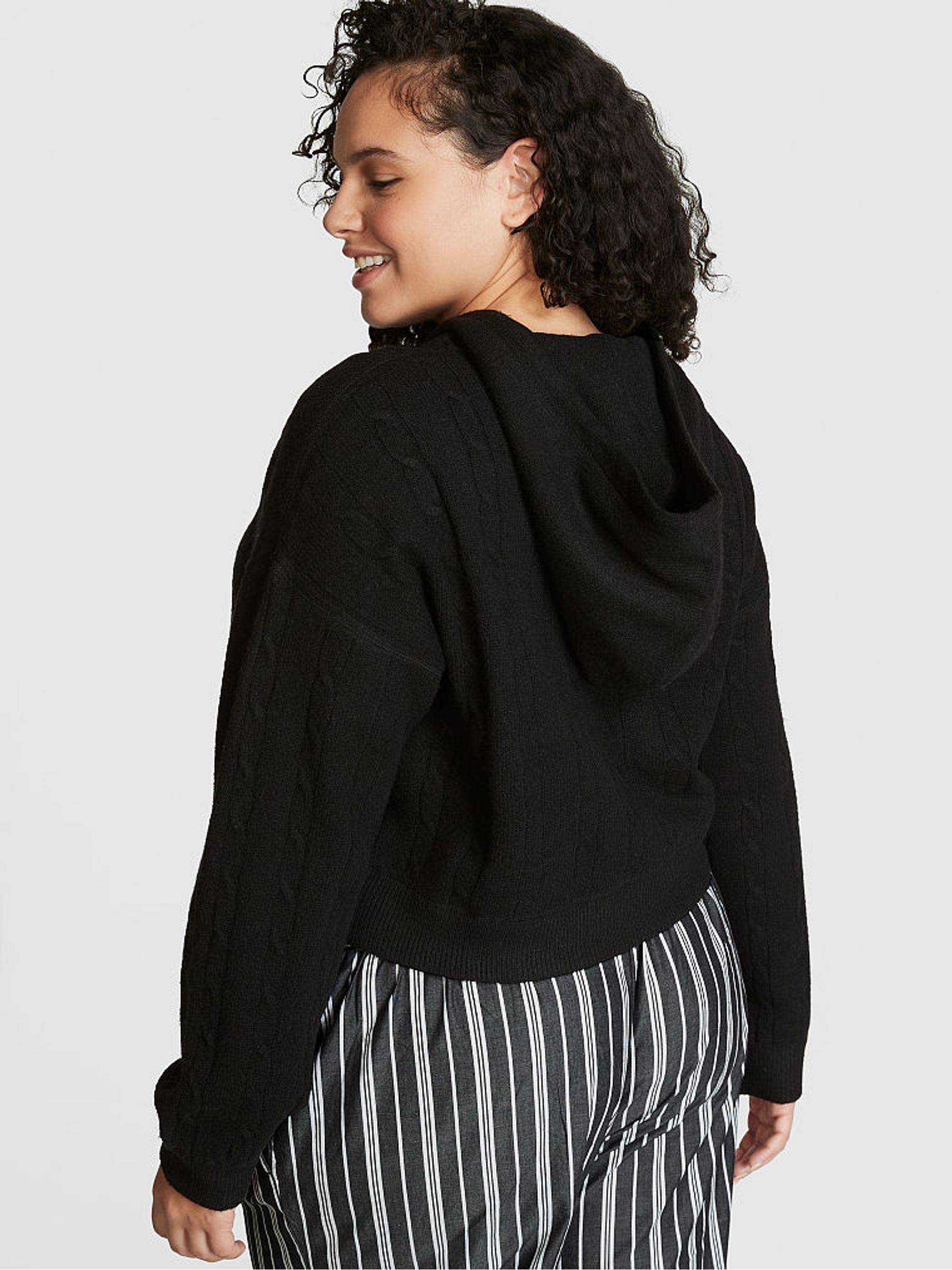 Pure Black Full Zip Cable Knit Hoodie - Image 2 of 3