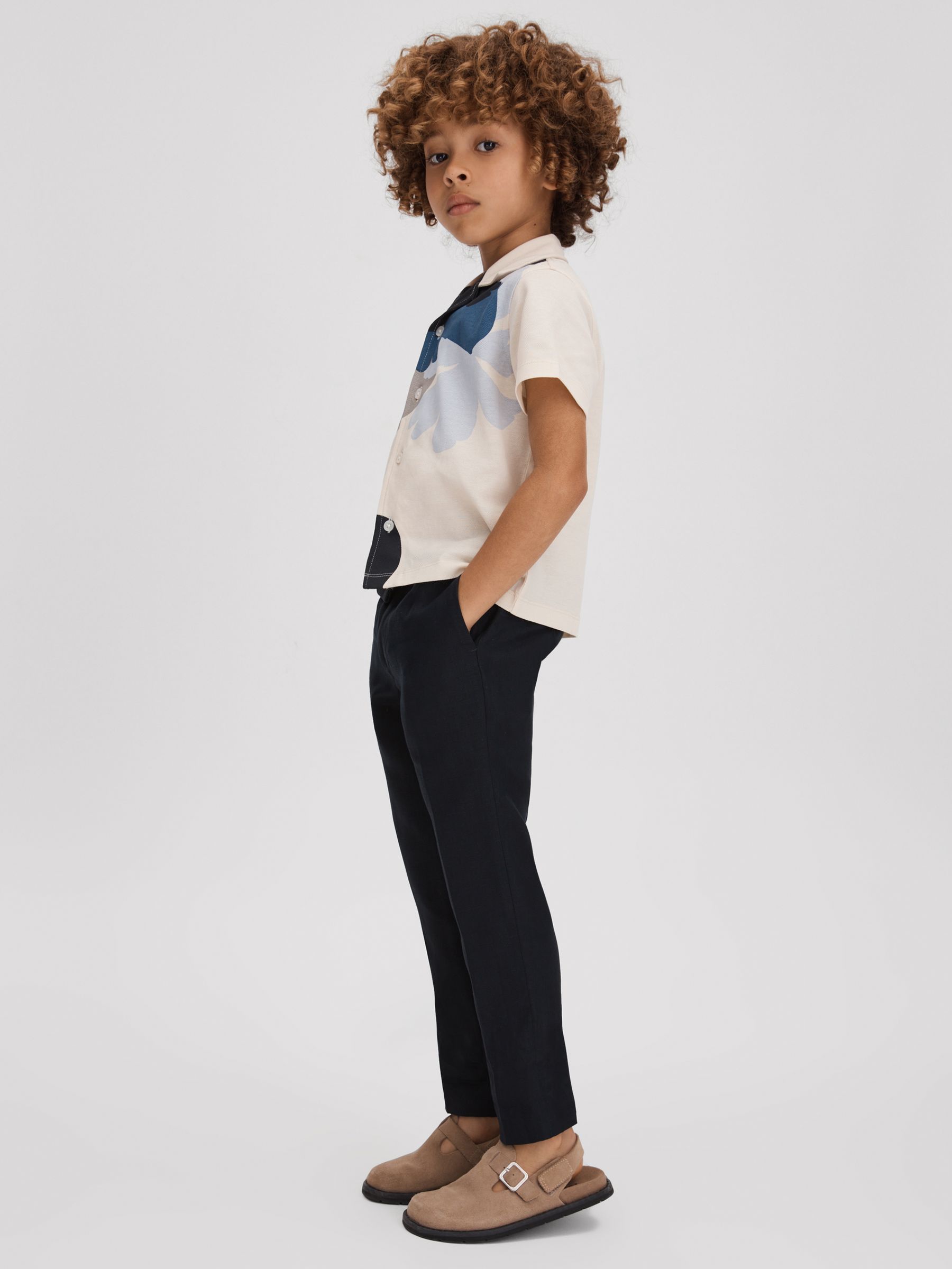 3-9 yrs Mercerised Cotton Cuban Collar Shirt in Grey/Blue Multi - Image 1 of 4