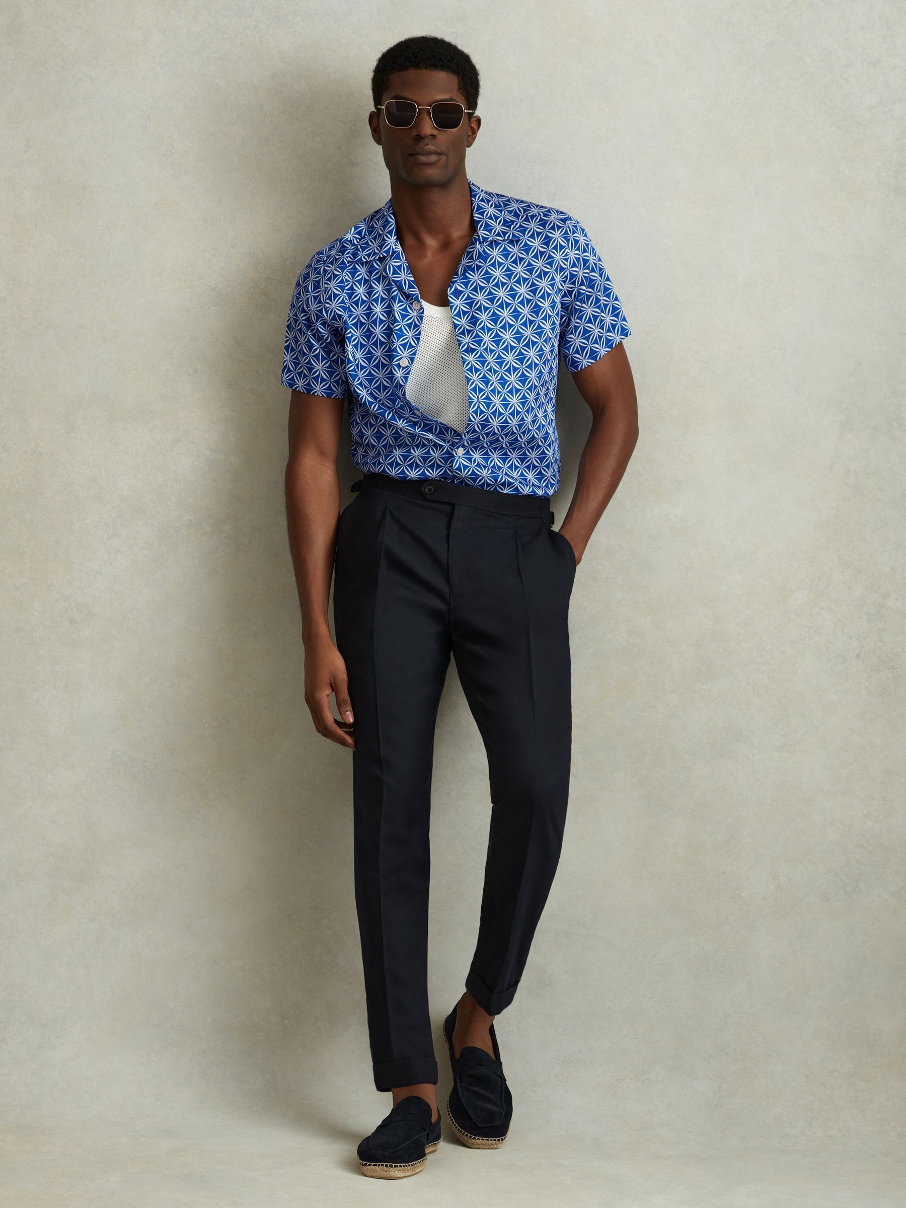 Printed Cuban Collar Shirt in Bright Blue/White - Image 1 of 6