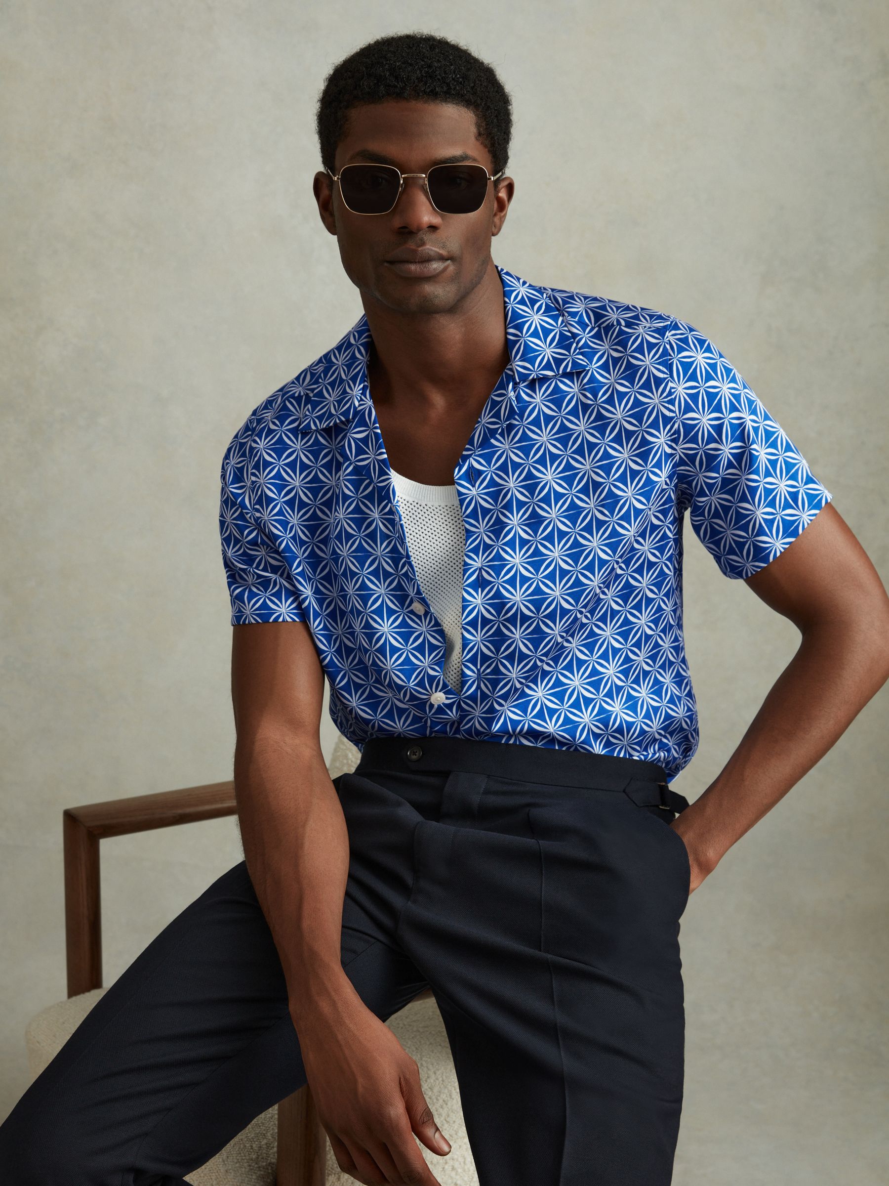 Printed Cuban Collar Shirt in Bright Blue/White - Image 3 of 6