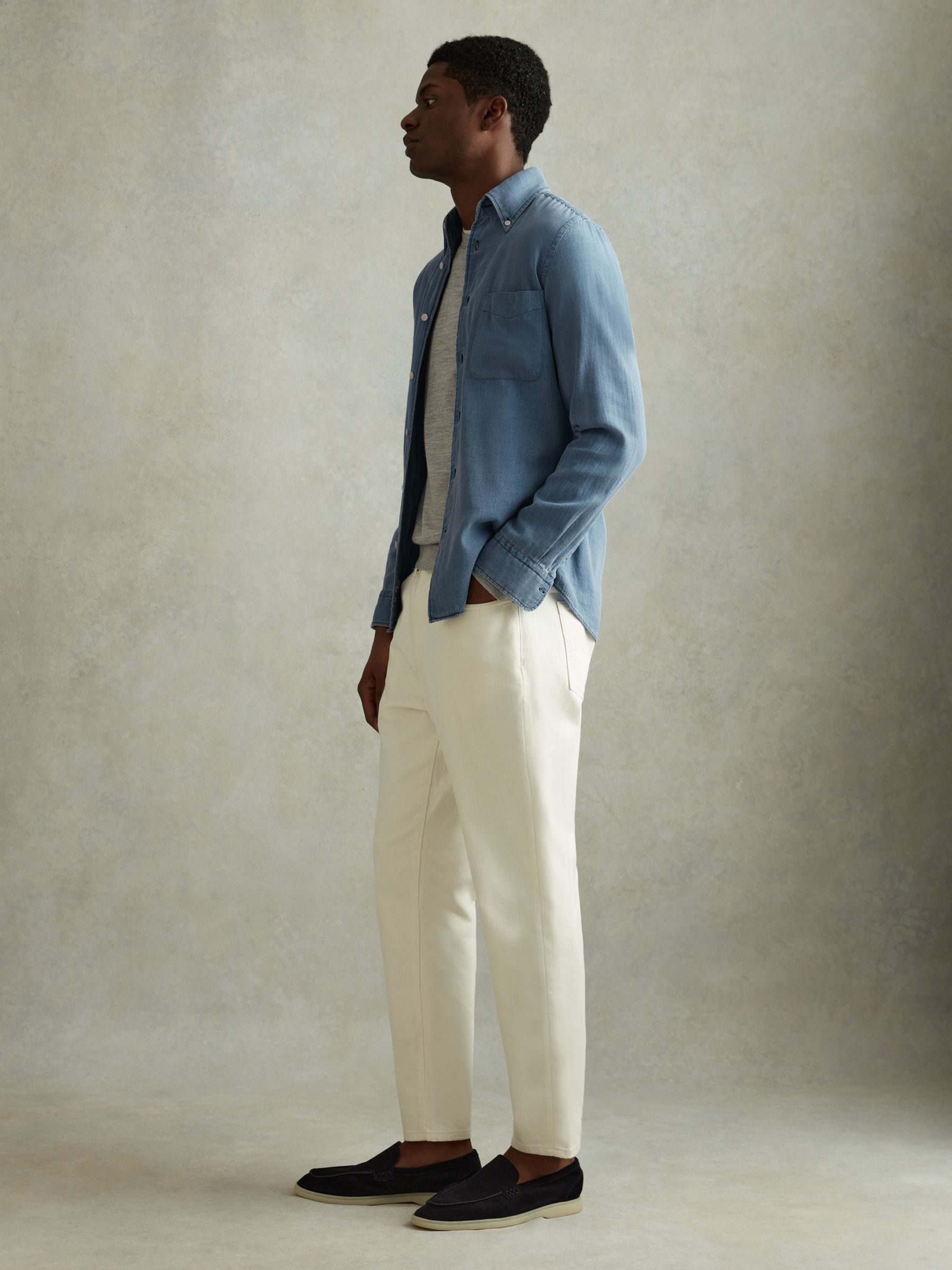 Chambray Pique Button-Through Shirt in Washed Blue - Image 1 of 5