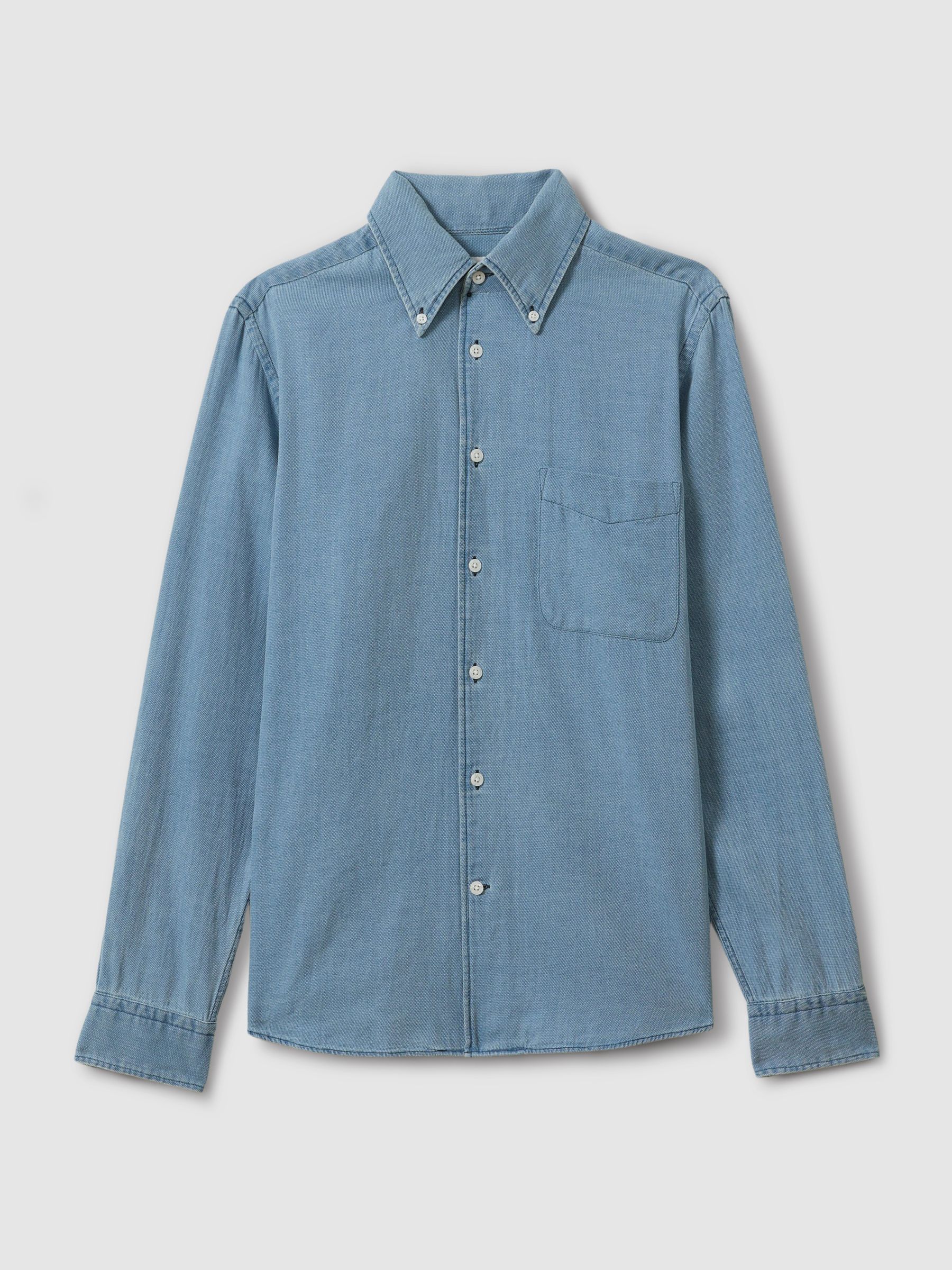 Chambray Pique Button-Through Shirt in Washed Blue - Image 2 of 5
