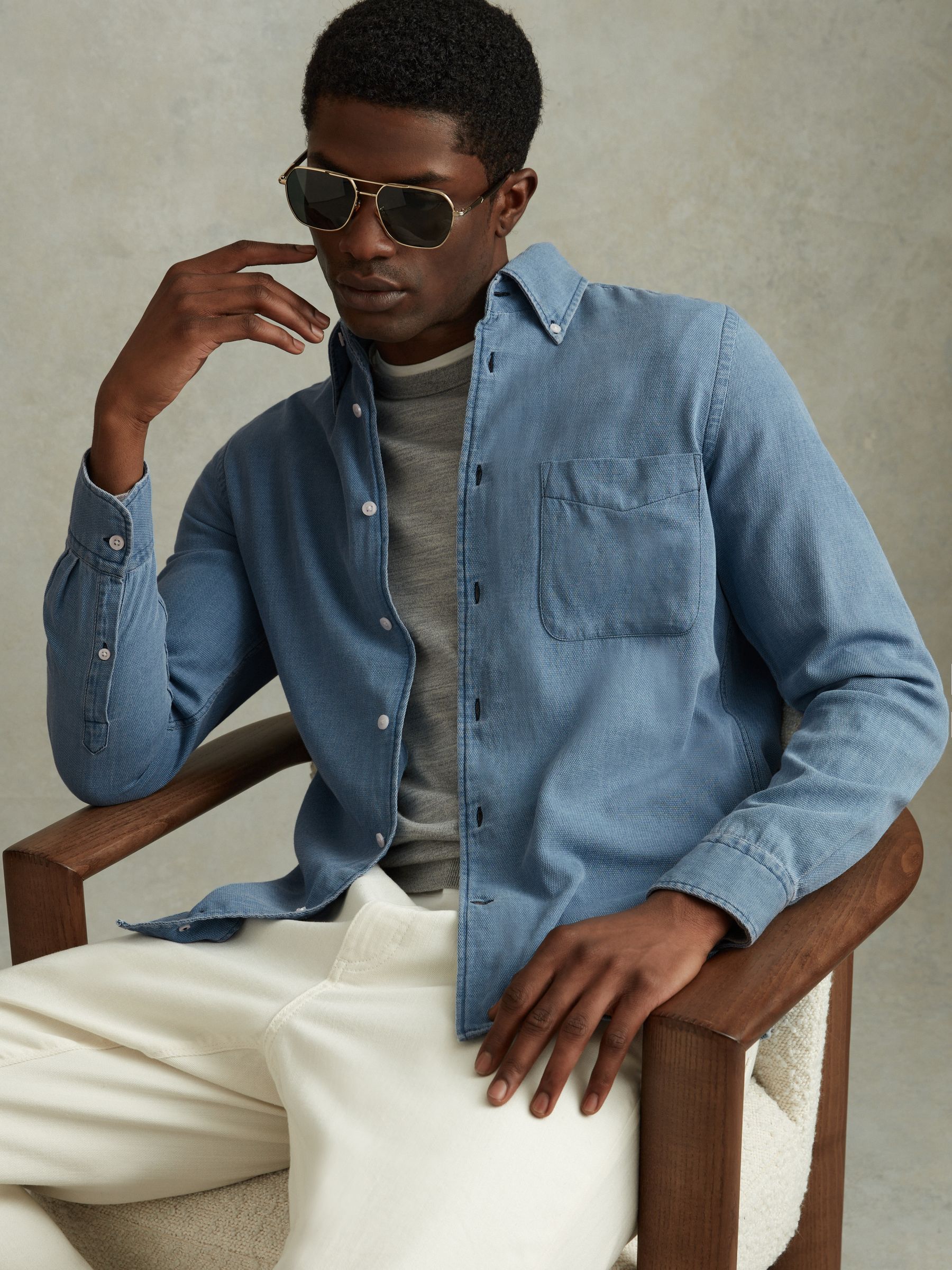 Chambray Pique Button-Through Shirt in Washed Blue - Image 3 of 5