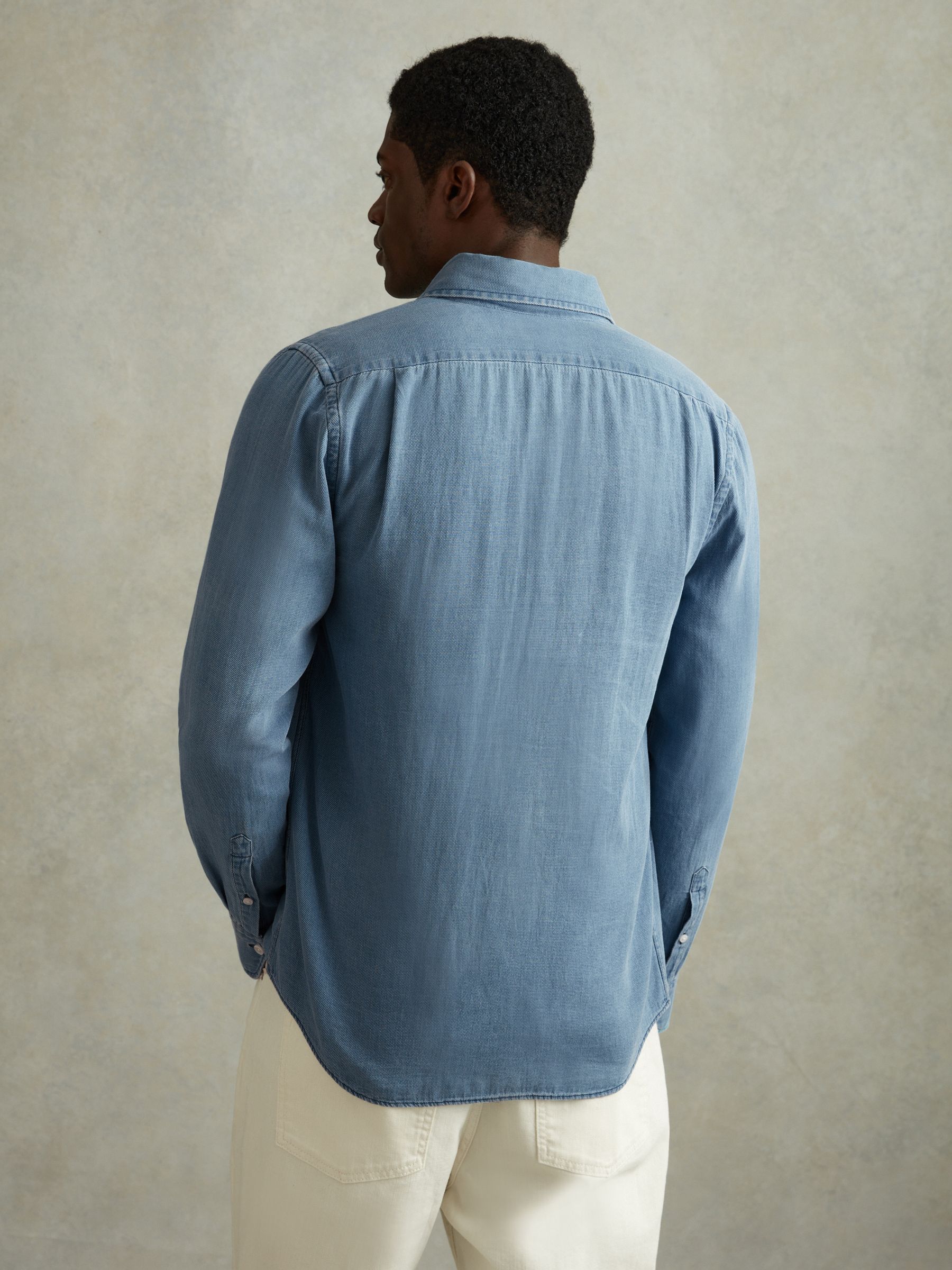Chambray Pique Button-Through Shirt in Washed Blue - Image 4 of 5