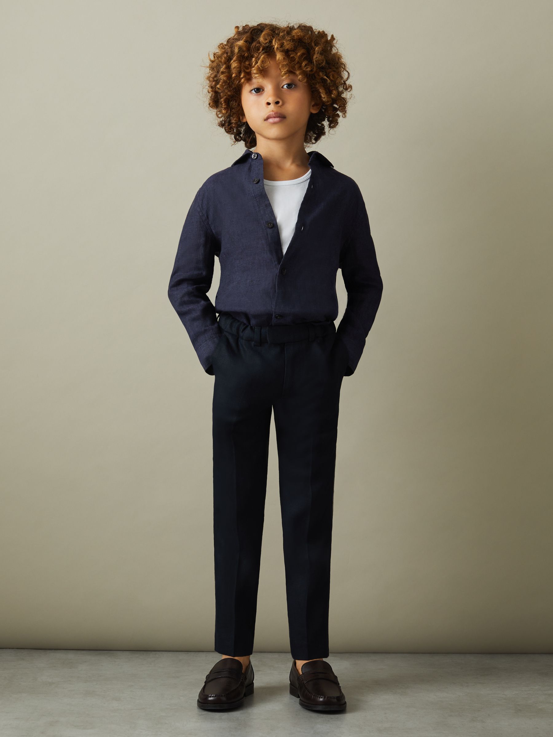 9-13 yrs Linen Cutaway Collar Shirt in Navy - Image 1 of 5