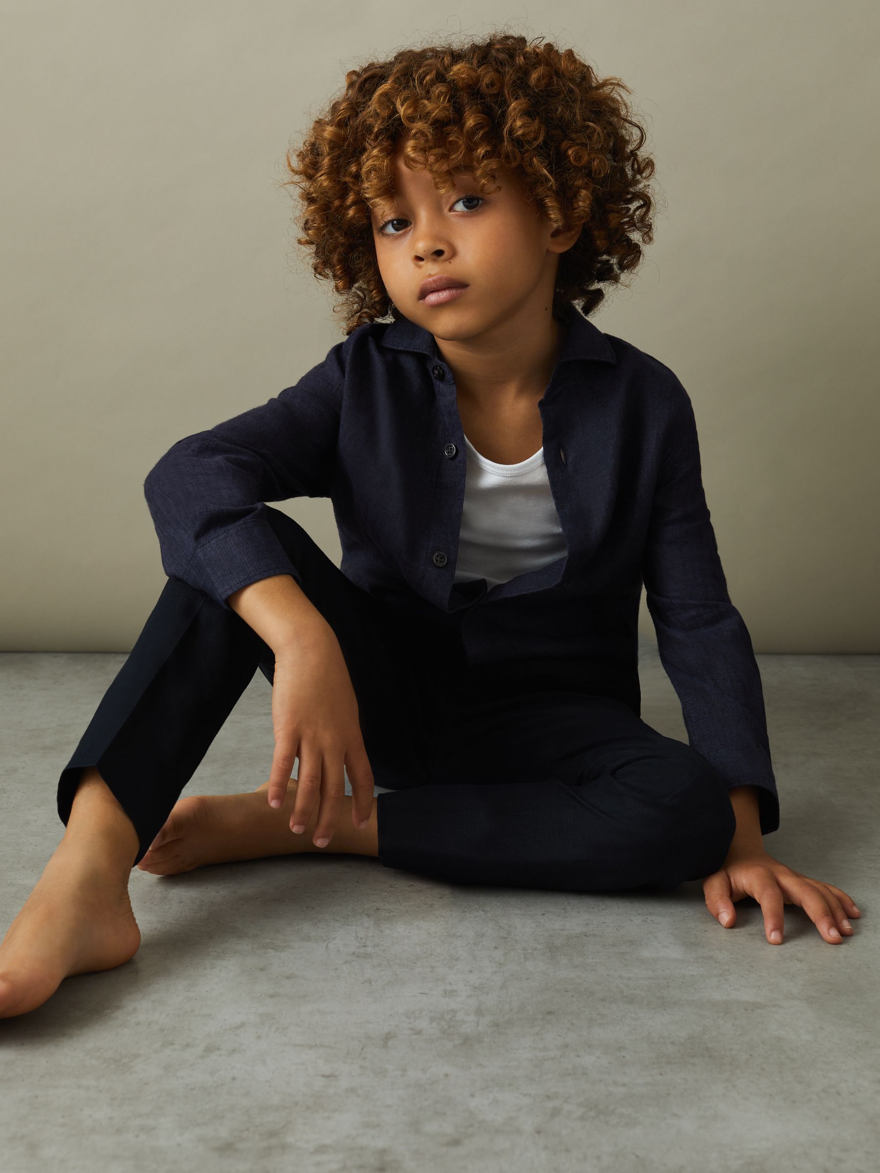 9-13 yrs Linen Cutaway Collar Shirt in Navy - Image 3 of 5