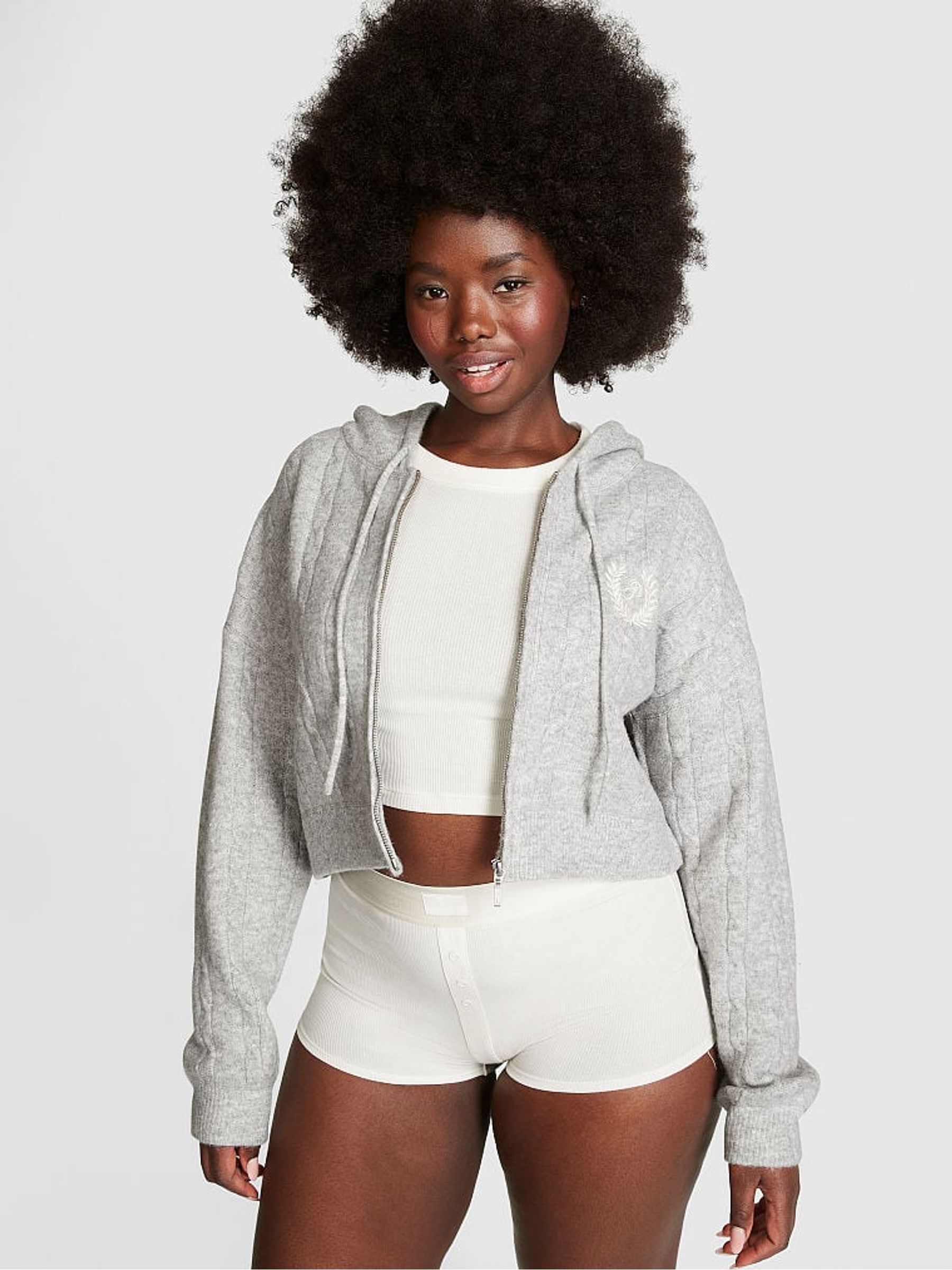 Grey Heather Full Zip Cable Knit Hoodie - Image 1 of 3