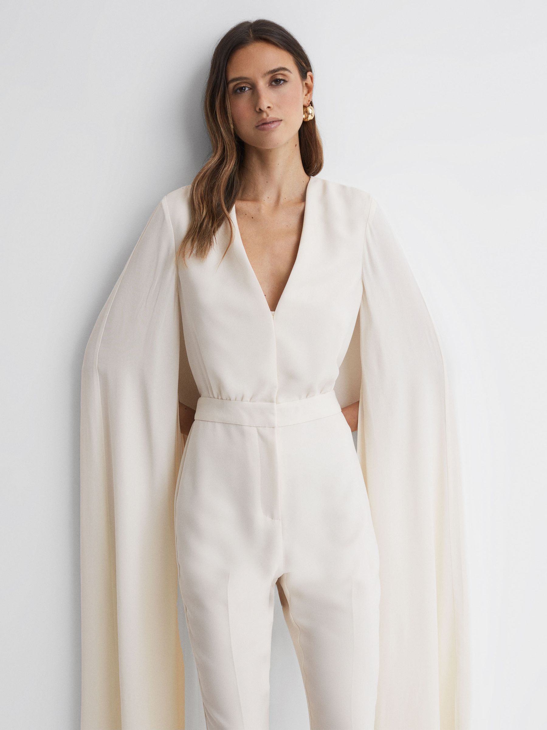 Cape Sleeve V-Neck Jumpsuit in Ivory - Image 3 of 5