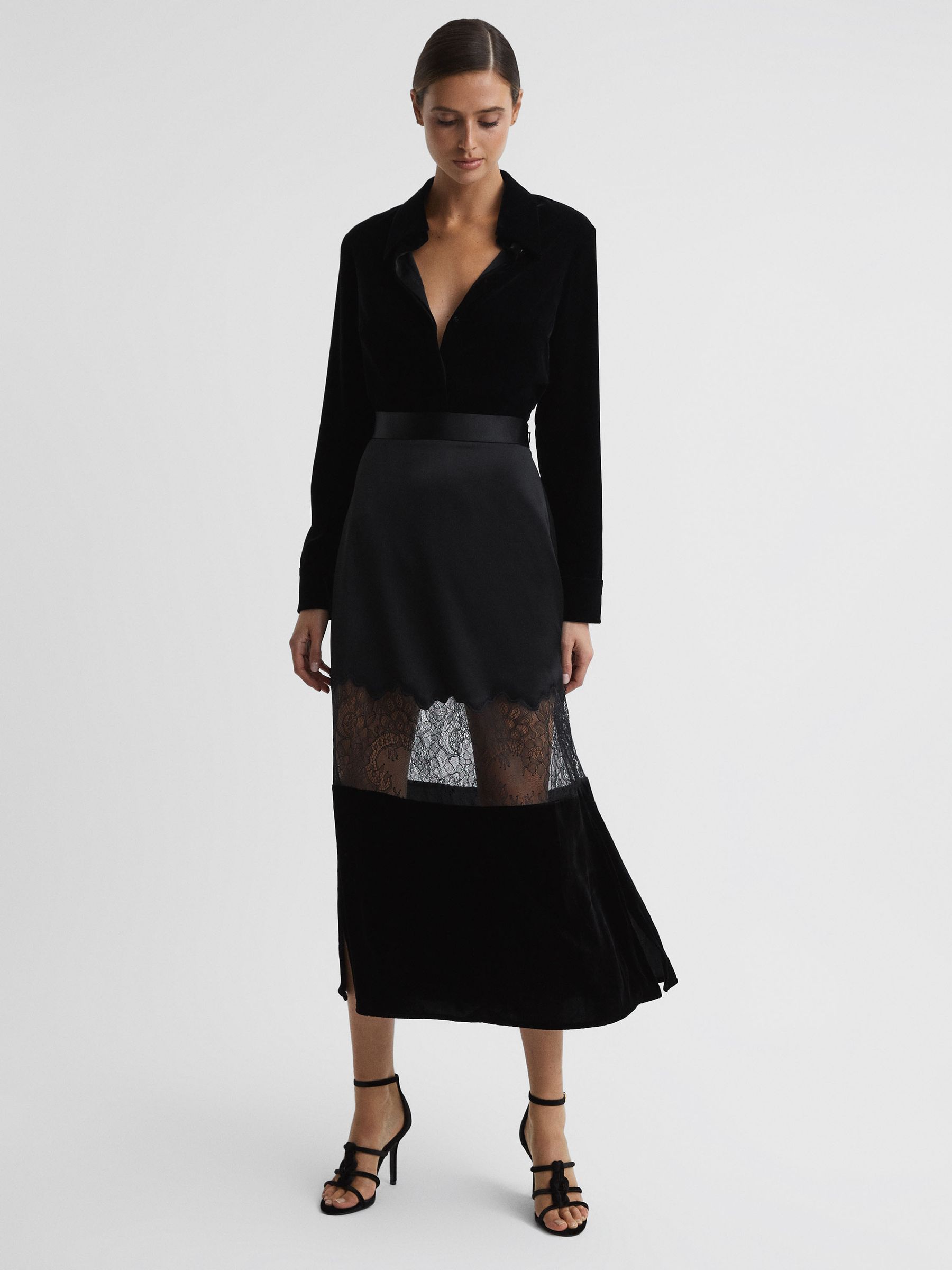 Fitted Satin-Velvet Midi Skirt in Black - Image 1 of 5