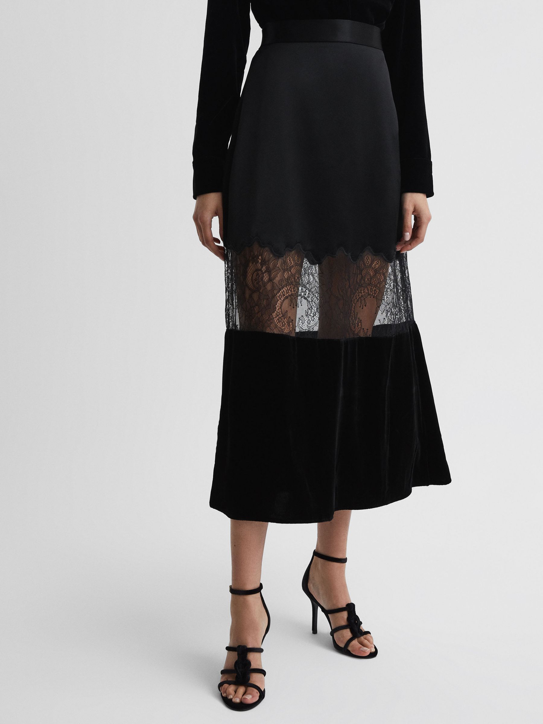 Fitted Satin-Velvet Midi Skirt in Black - Image 3 of 5