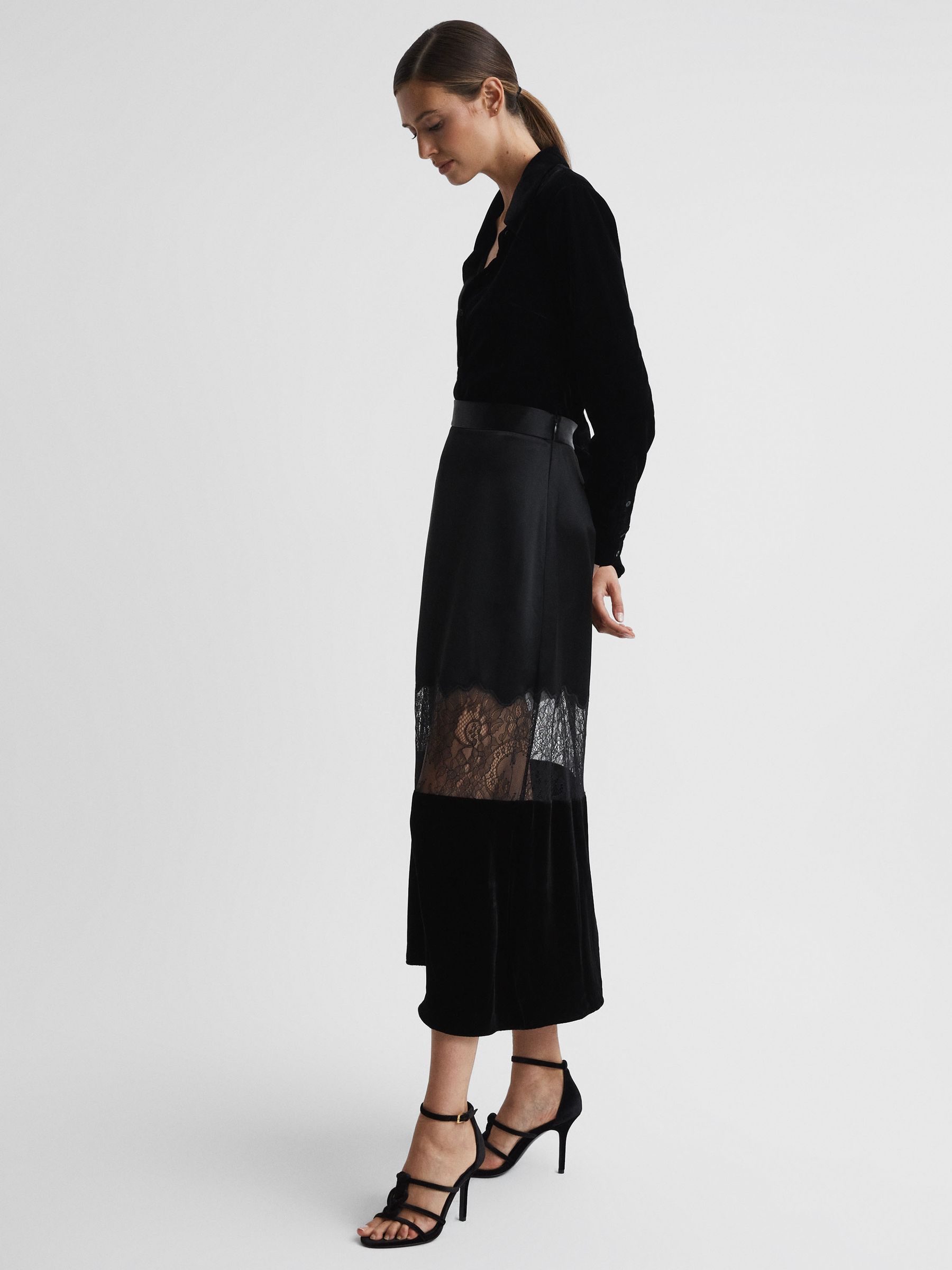Fitted Satin-Velvet Midi Skirt in Black - Image 4 of 5