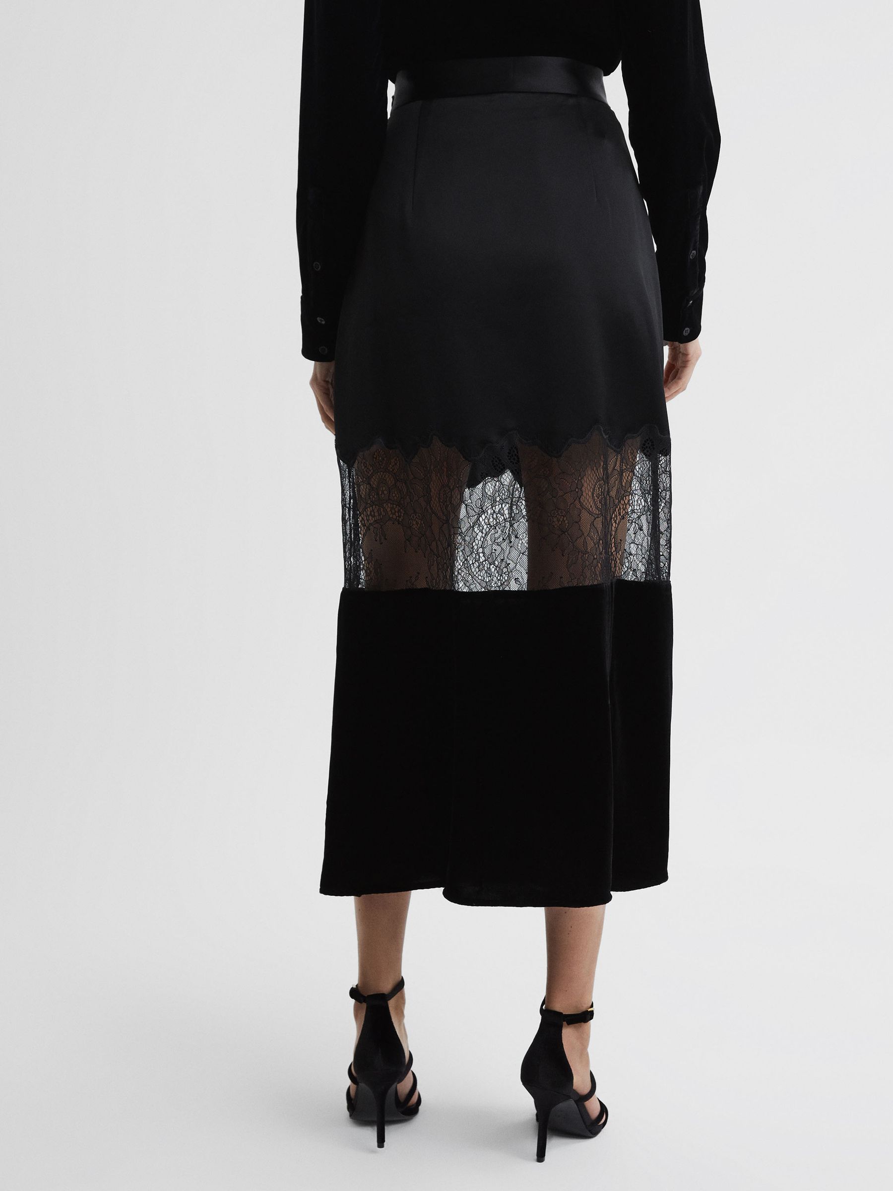 Fitted Satin-Velvet Midi Skirt in Black - Image 5 of 5