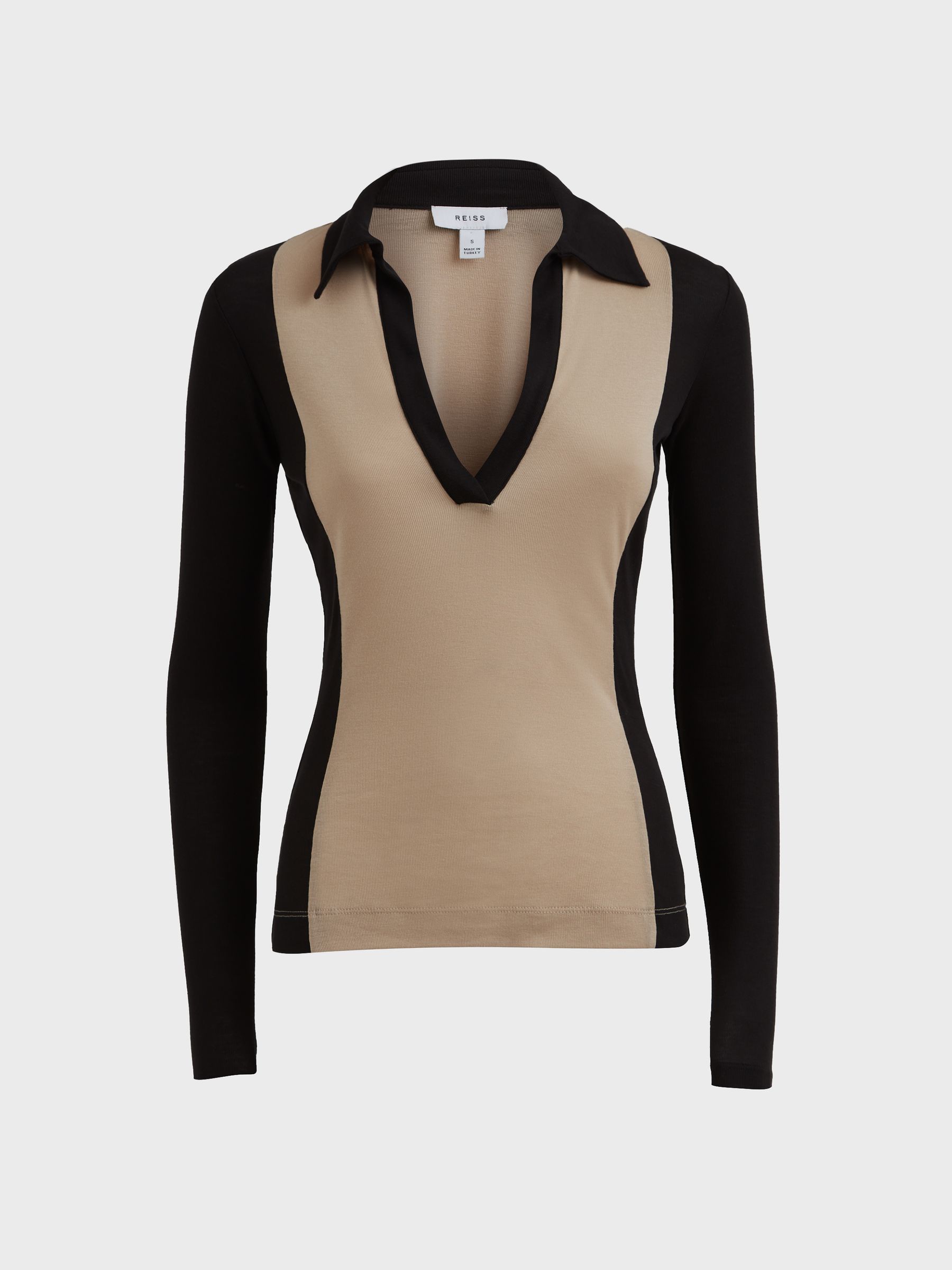 Knitted Open Collar Top in Black/Nude - Image 2 of 5