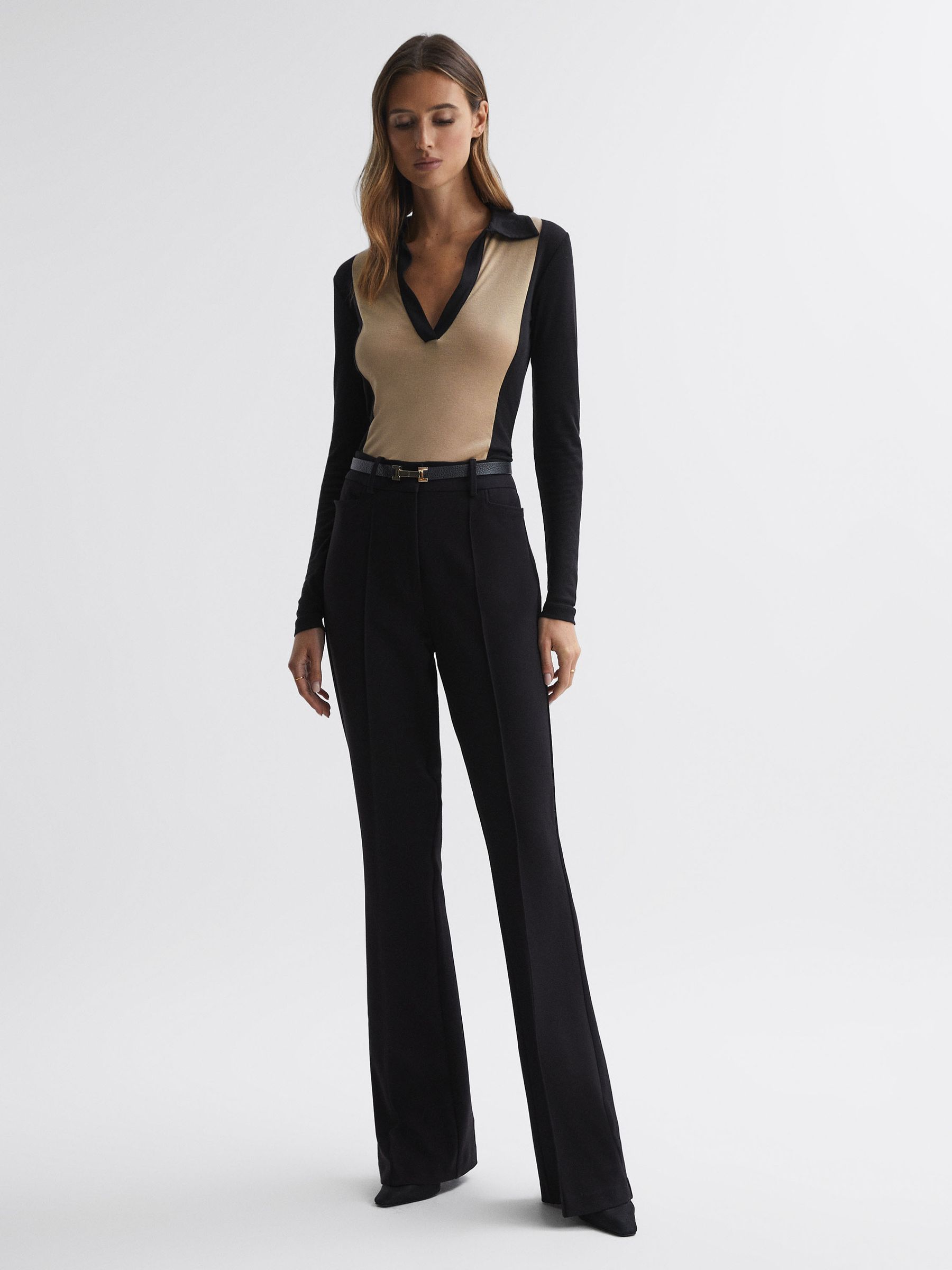 Knitted Open Collar Top in Black/Nude - Image 3 of 5