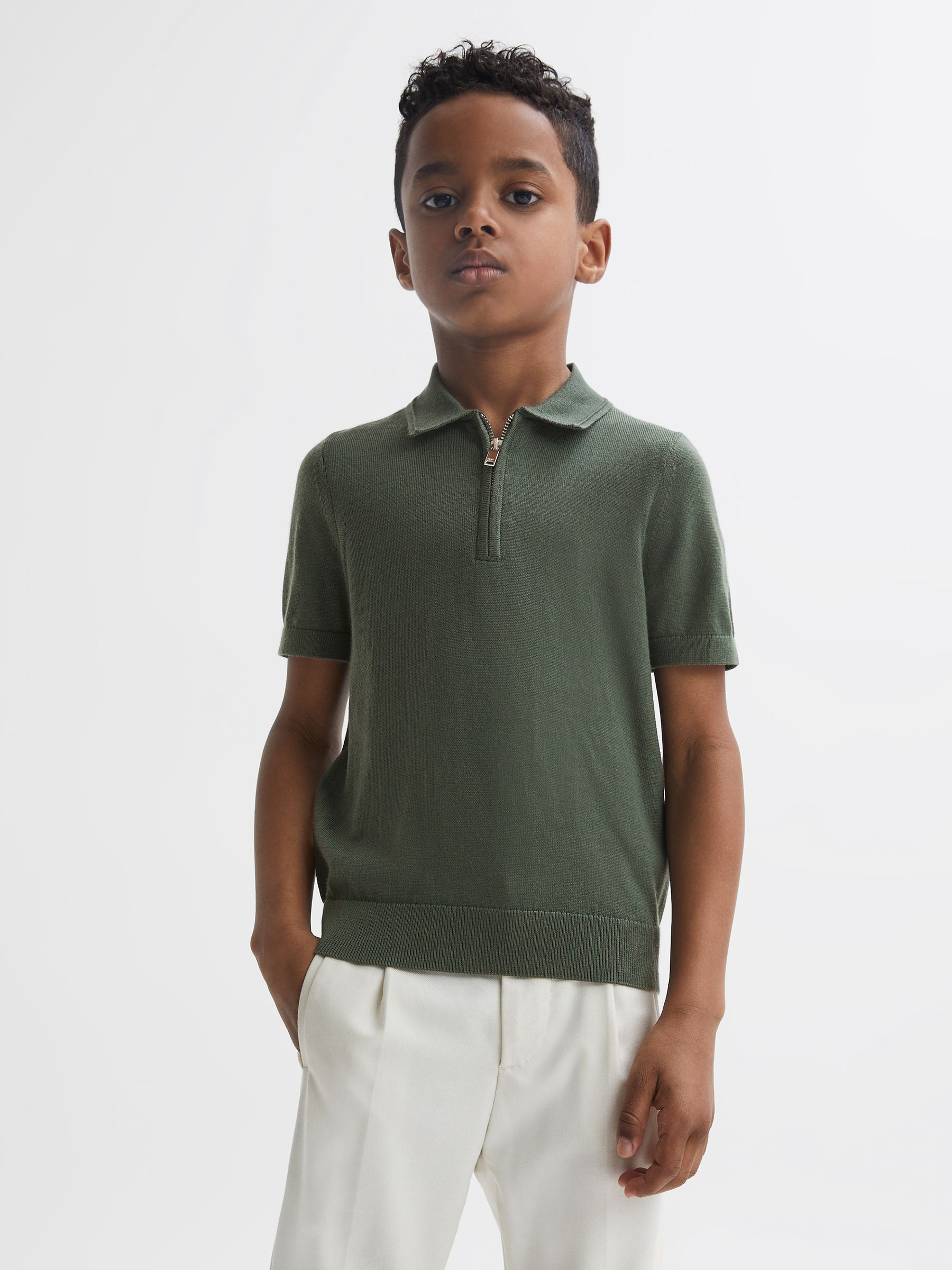 Junior Merino Zip Neck Polo T-Shirt in Ivy Green - Image 1 of 6