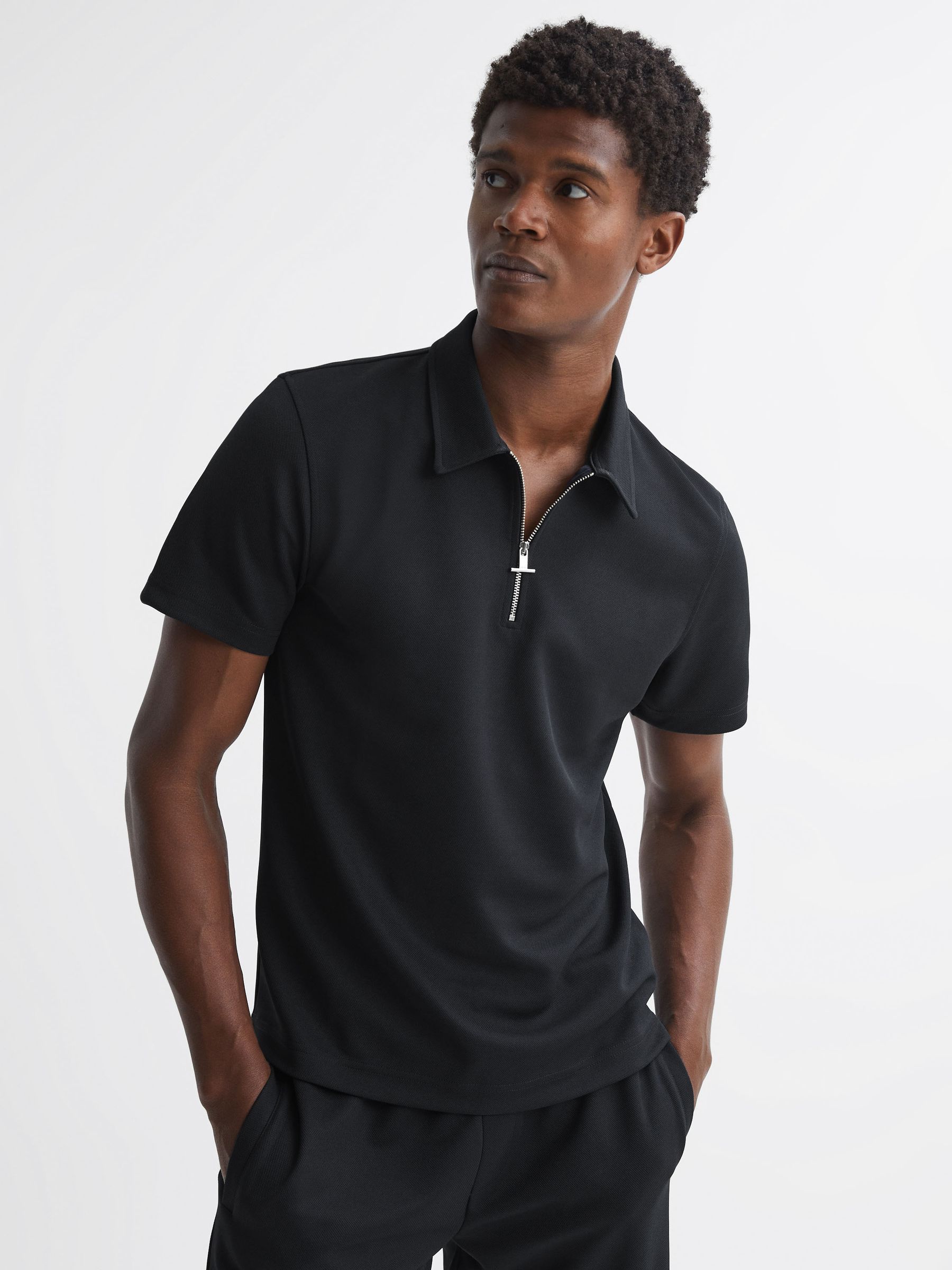 Slim Fit Half-Zip Polo Shirt in Navy - Image 6 of 7