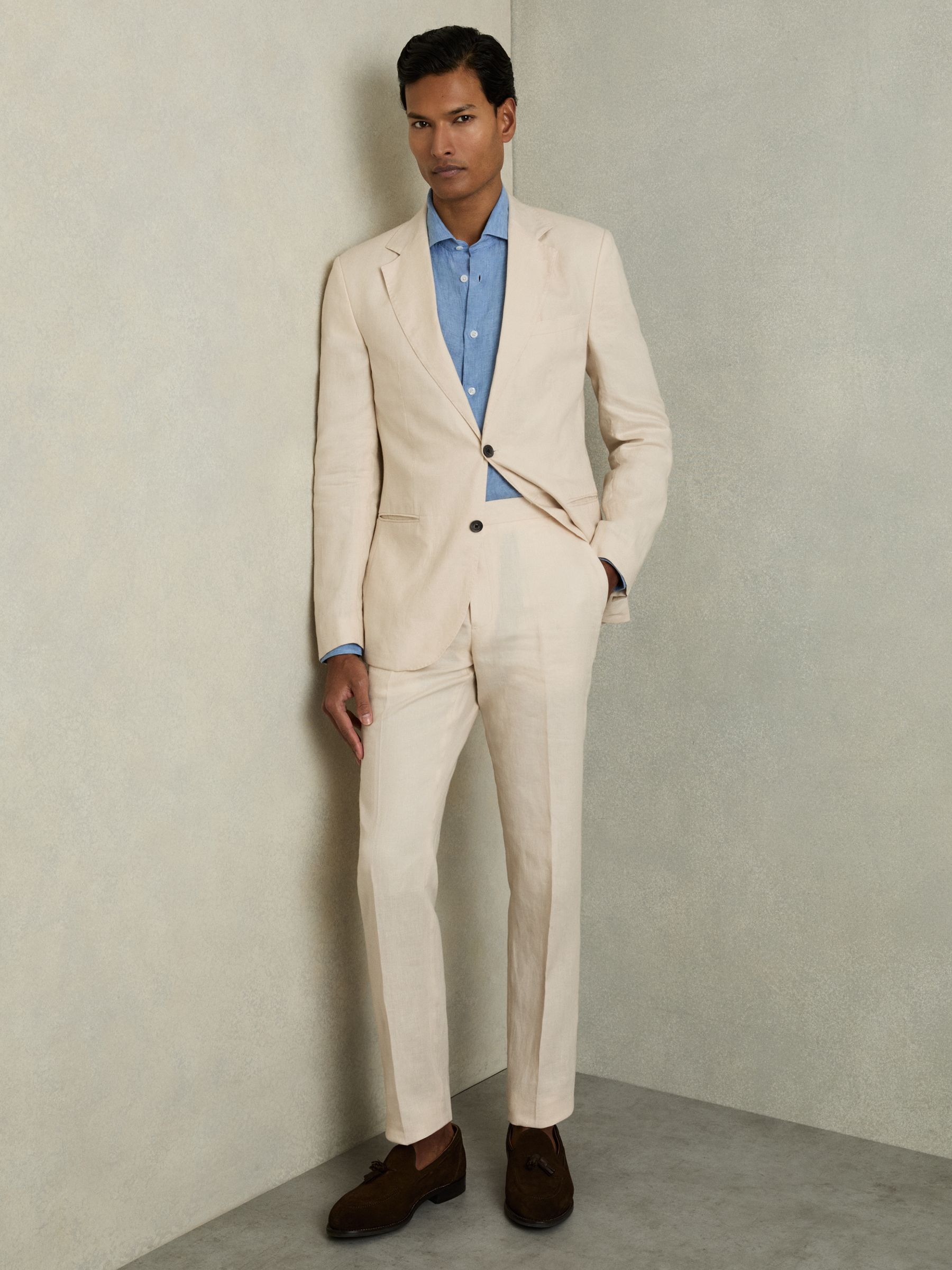 Slim Fit Single Breasted Linen Blazer in Stone - Image 3 of 6