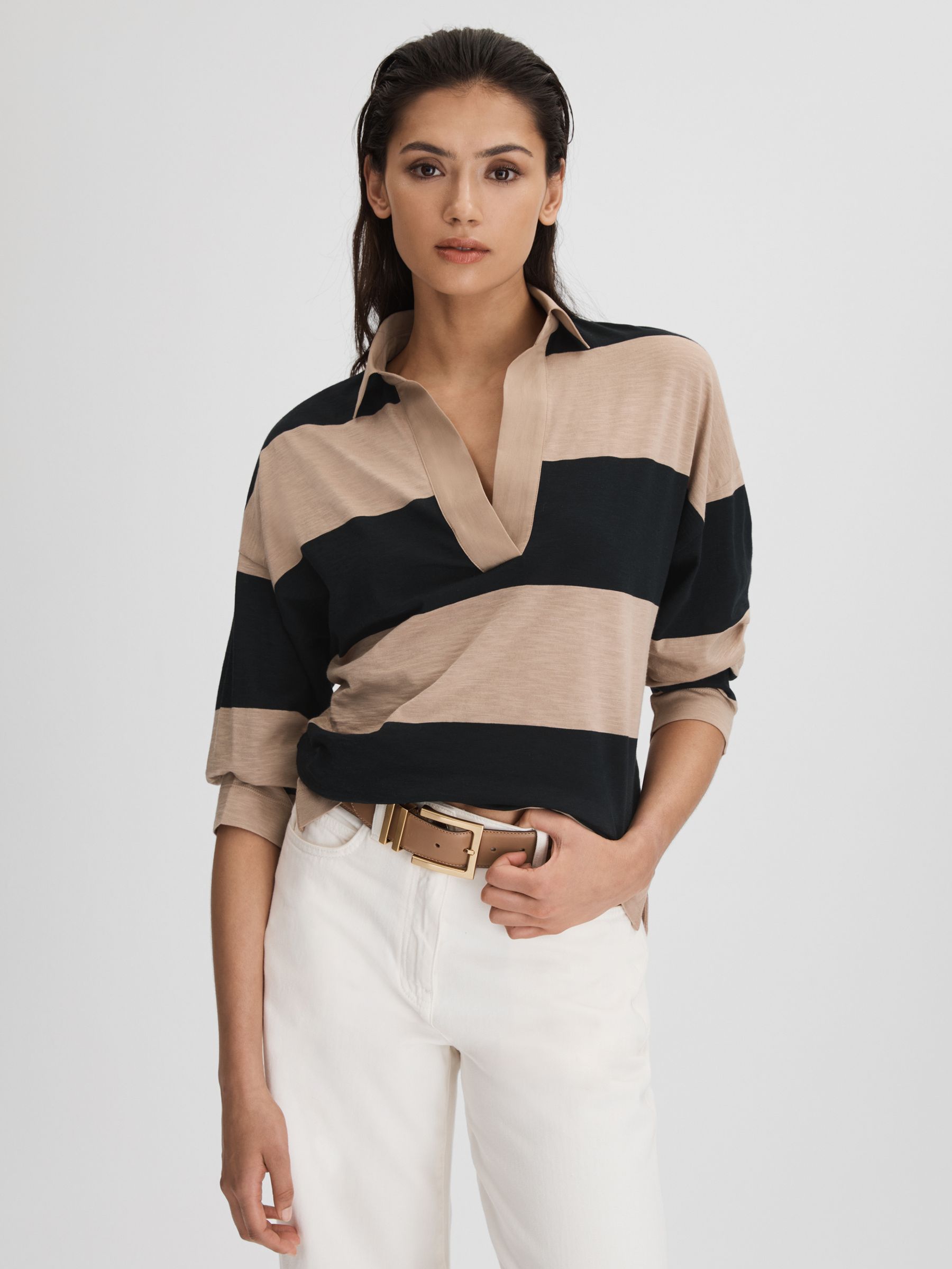 Striped Cotton Open-Collar T-Shirt in Black/Camel - Image 1 of 6
