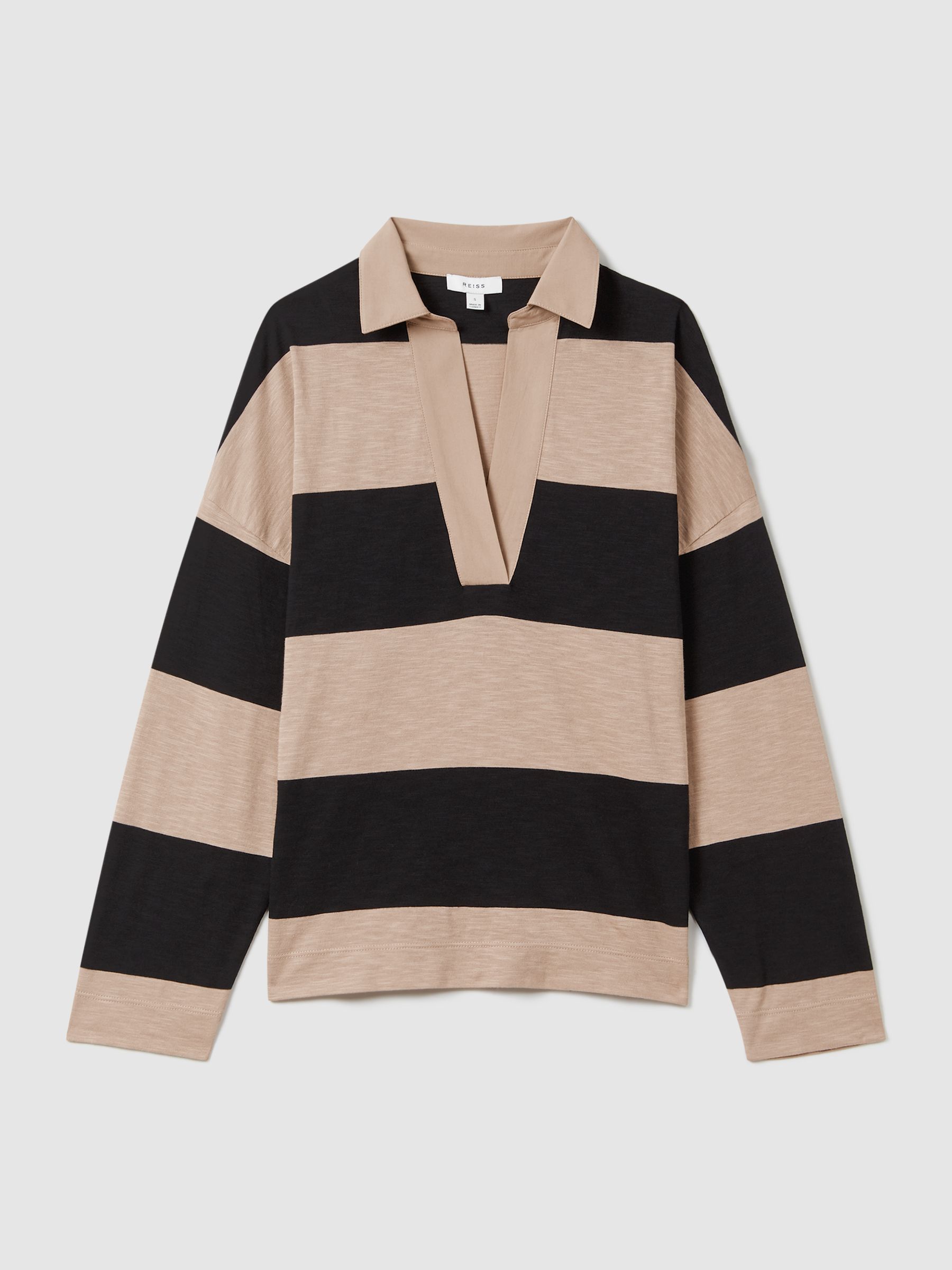 Striped Cotton Open-Collar T-Shirt in Black/Camel - Image 2 of 6