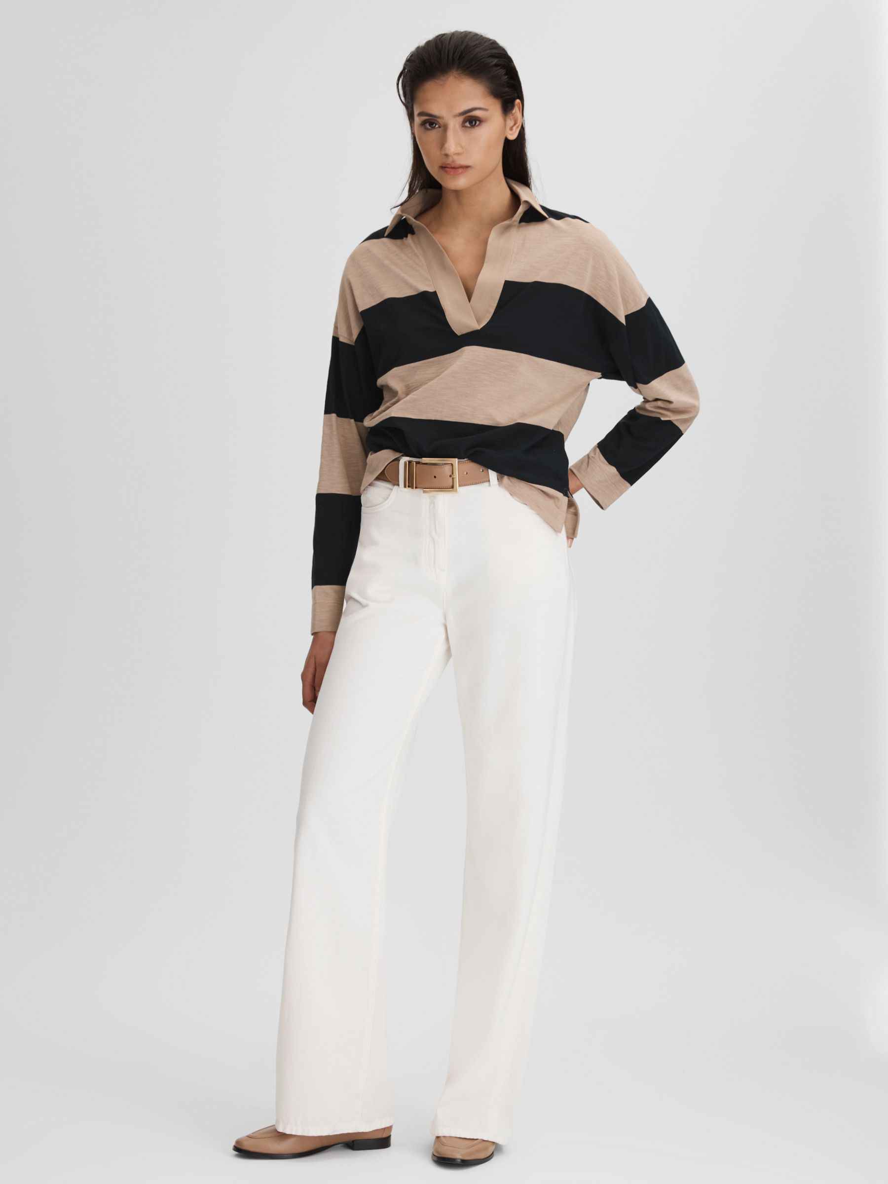 Striped Cotton Open-Collar T-Shirt in Black/Camel - Image 3 of 6